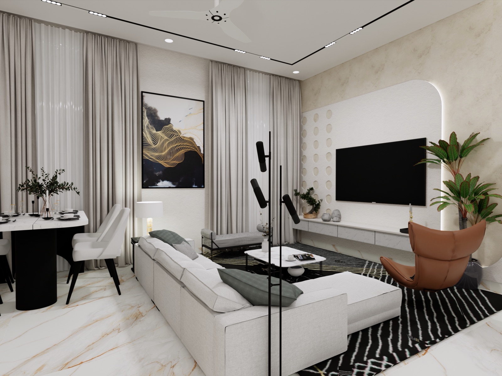Design render of a bright living and dining room in a Bangalore apartment, with a white L-shaped sofa, a backlit TV wall, full-height curtains and a marble floor
