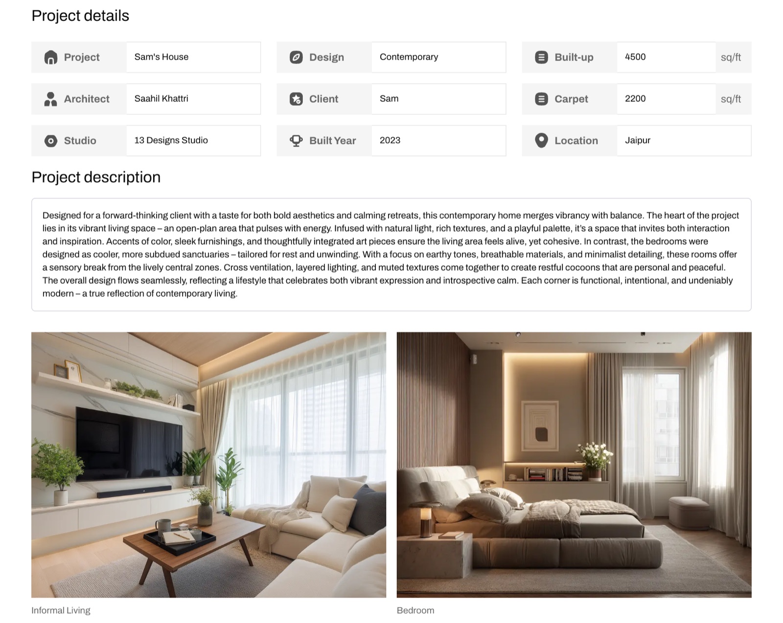 Screenshot of a project page on MOA. A Project details grid lists Project, Architect, Studio, Design (Contemporary), Client, Built Year (2023), Built-up (4500 sq ft), Carpet (2200 sq ft) and Location (Jaipur). Below it a Project description box holds a paragraph about the home, followed by a gallery of interior images captioned Informal Living and Bedroom.
