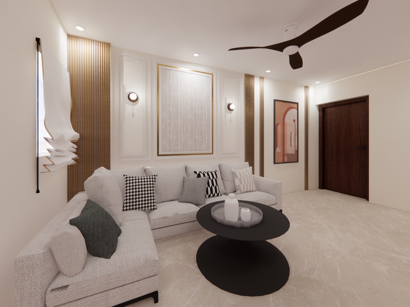 Design render of a living room with a light grey L-shaped sofa and patterned cushions, a black round coffee table, white moulded wall panels framed by wood slats with two round wall lights, and a dark wood door