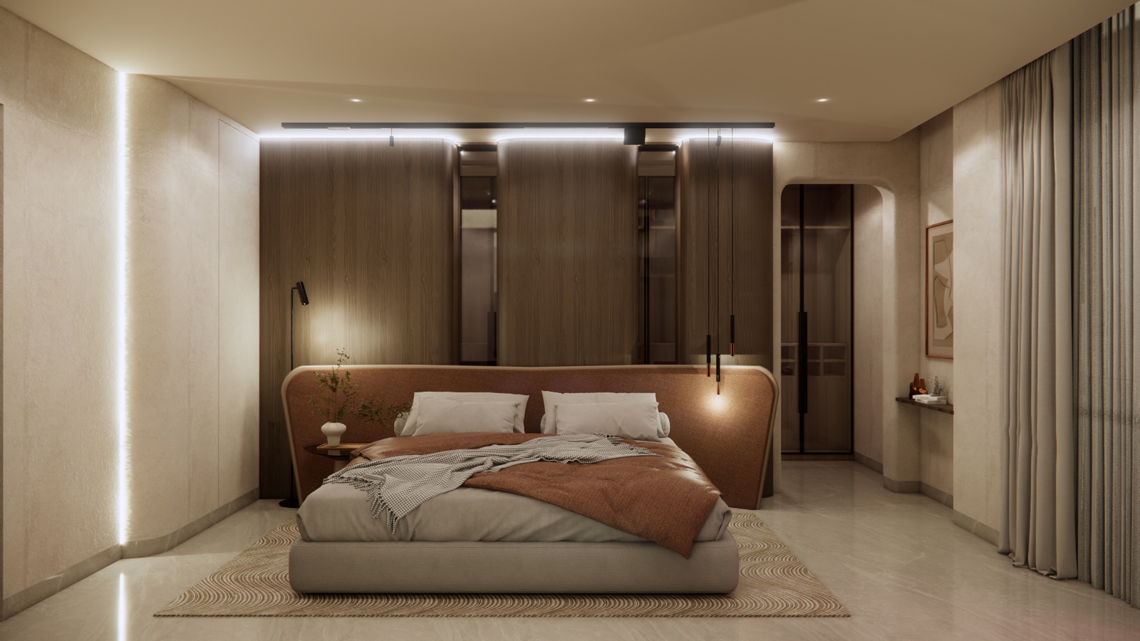 Bedroom design render with a bed back wall of tall dark wood-veneer panels separated by recessed mirror strips, a linear light track along the top, a wide curved terracotta upholstered headboard and a low bed on a textured rug.