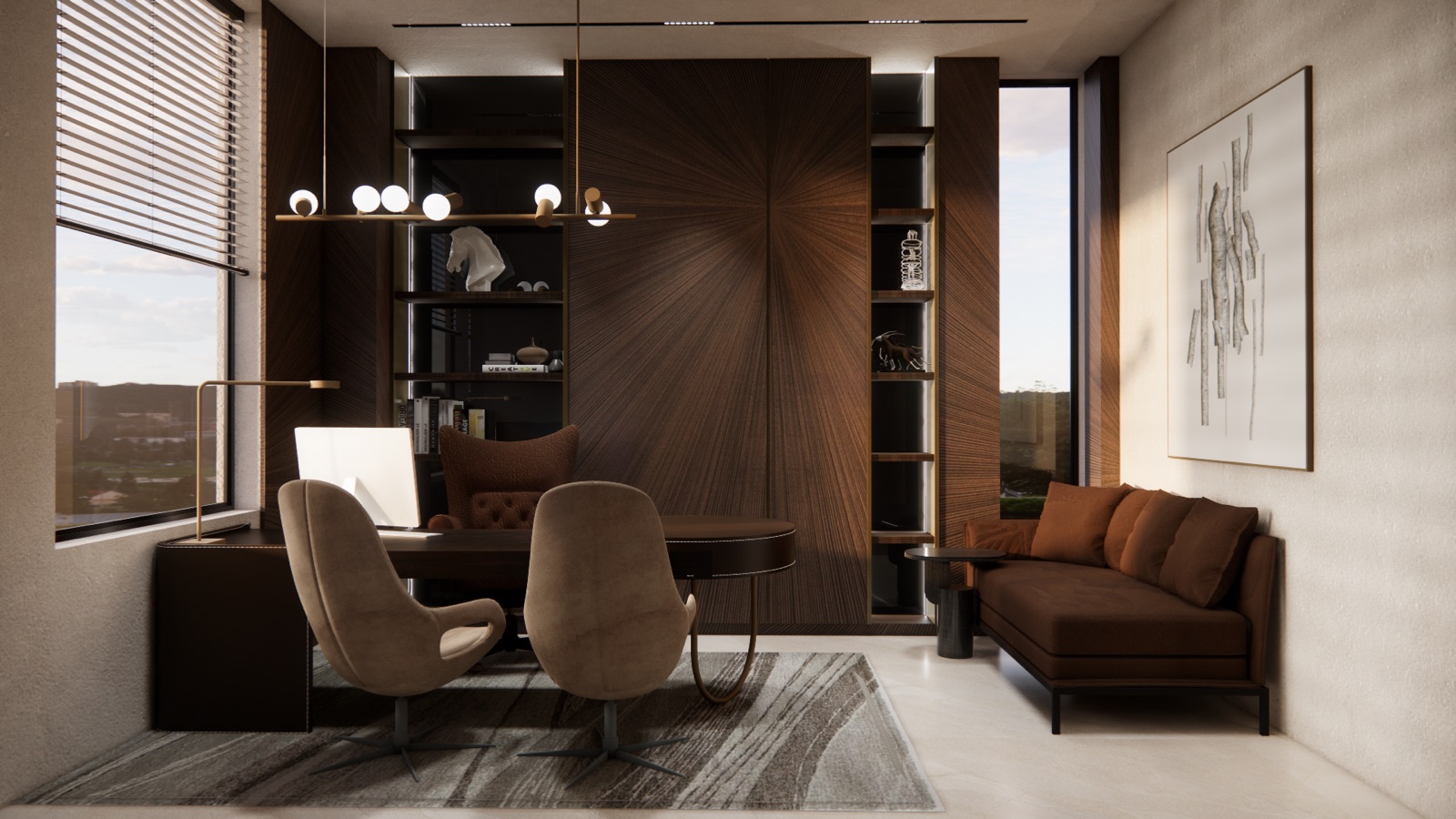 Design render of a private office cabin: a wall of sunburst-pattern wood veneer panels between lit open shelves, a dark wood desk with a round leather-topped end, two beige swivel chairs facing it, a linear brass pendant with globe lights, a rust-coloured sofa on the right and windows with blinds on both sides