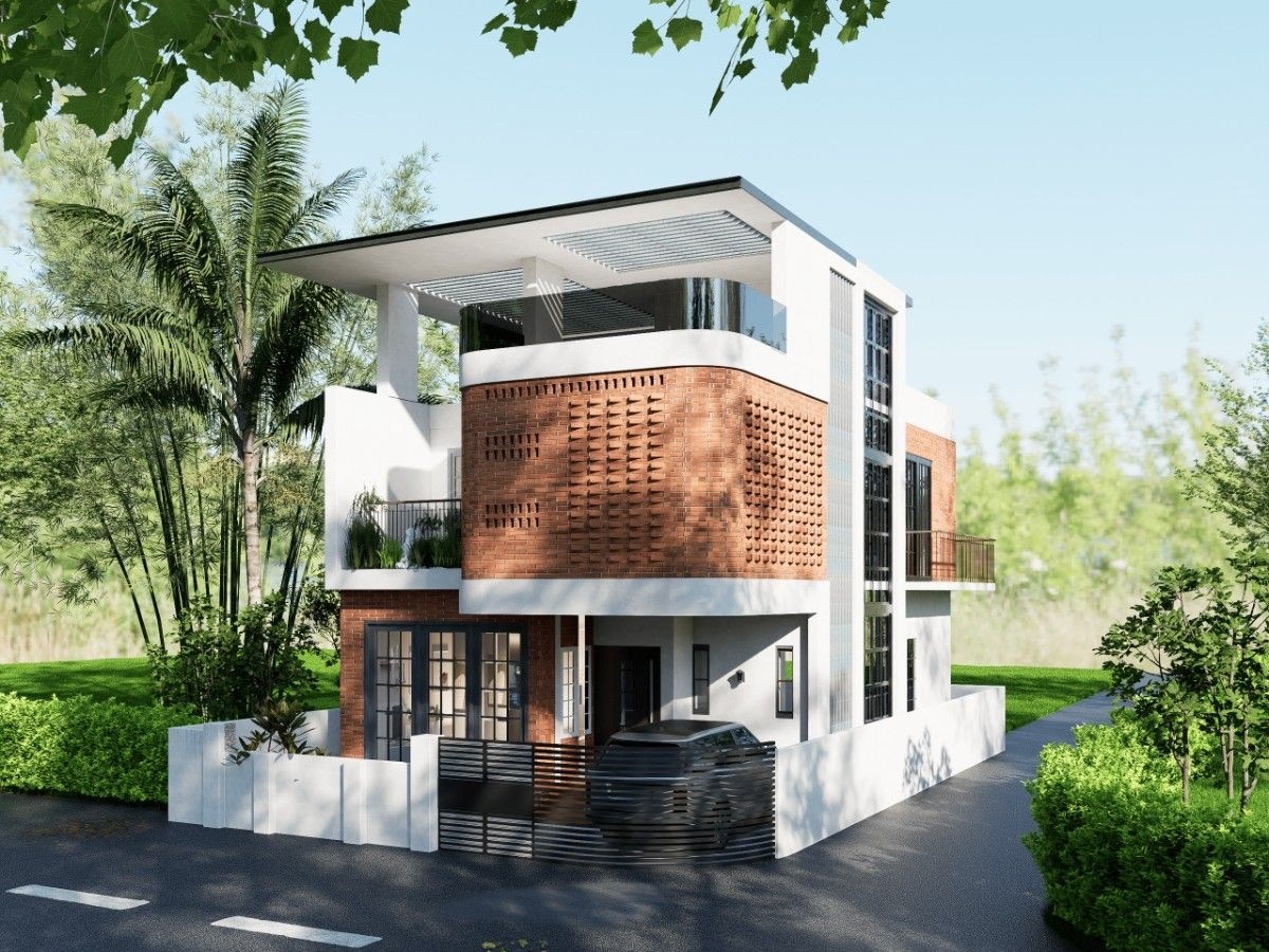 Design render of a contemporary three-level house with white plastered walls and a curved upper volume clad in exposed red brick, laid with projecting bricks that form a ventilated jaali pattern