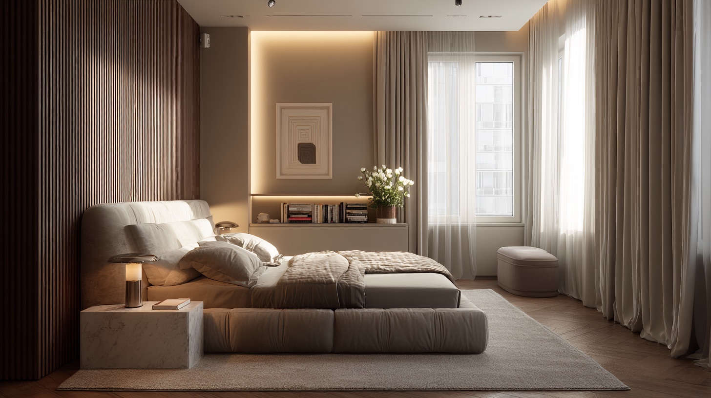 Design render of a bedroom with warm greige walls, a dark wood slatted wall beside the bed, a backlit niche with books, beige upholstered bed and sheer curtains