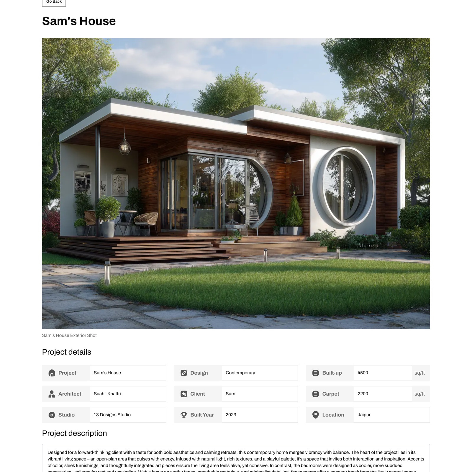 Screenshot of the Sam's House project page on MOA. The title Sam's House sits above a large hero image of a single-storey contemporary house with timber cladding, white flat roof bands, a glazed corner, a circular window and a lawn in front, captioned Sam's House Exterior Shot. Below is a Project details grid: Project Sam's House, Architect Saahil Khattri, Studio 13 Designs Studio, Design Contemporary, Client Sam, Built Year 2023, Built-up 4500 sq/ft, Carpet 2200 sq/ft, Location Jaipur. A Project description box begins underneath.