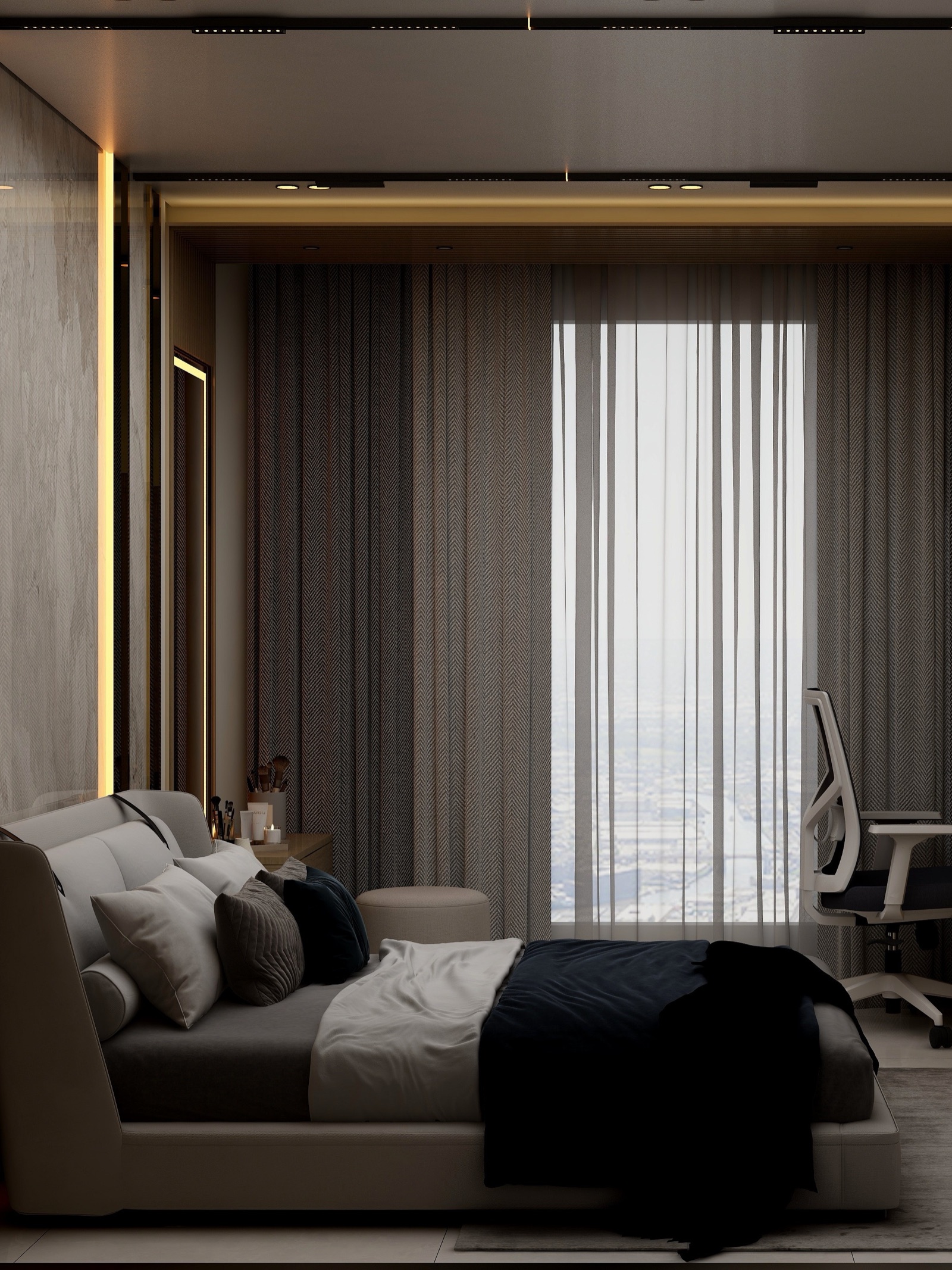 Design render of a bedroom with a flat ceiling: a single dropped band runs along the window wall with a warm cove line and small downlights, slim black track lights run across the rest of the ceiling, and full-height grey curtains hang from the band behind a low upholstered bed and a study chair.