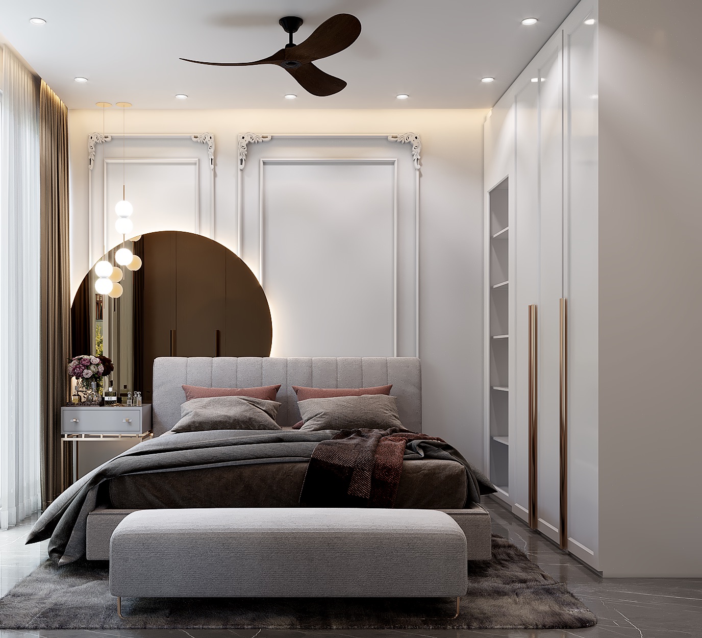 Design render of a compact bedroom: a white full-height wardrobe on the right wall with long brass bar handles, ending in open shelves beside the bed, a grey upholstered bed and bench, and a round backlit mirror over a small dressing table on the left.