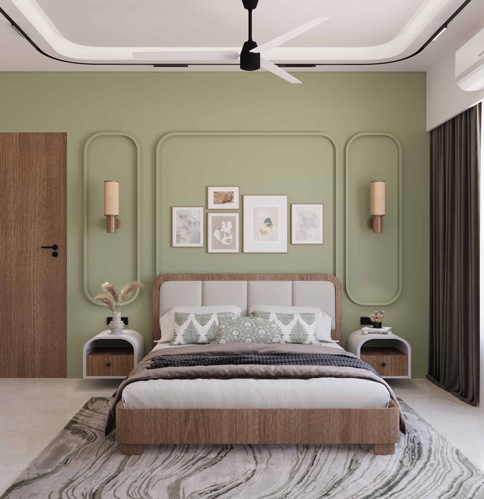 Design render of a bedroom with a sage green wall framed by rounded mouldings, a wooden bed with a pale upholstered headboard, cane wall lights, framed prints, white bedside tables and a grey marbled rug