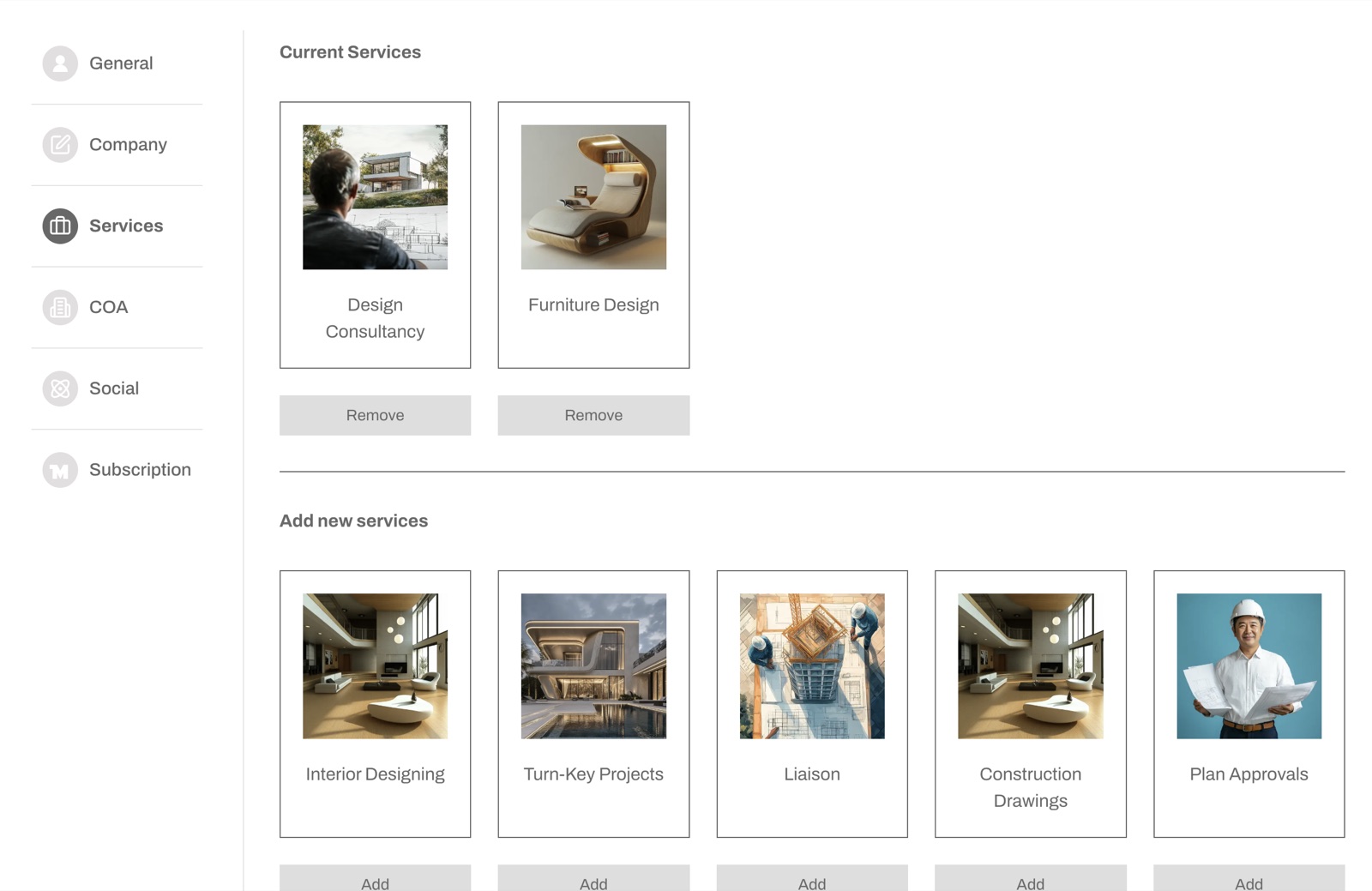 Screenshot of About, Services on an MOA profile. Under Current Services are two cards, Design Consultancy and Furniture Design, each with a Remove button. Under Add new services are cards for Interior Designing, Turn-Key Projects, Liaison, Construction Drawings and Plan Approvals, each with an Add button.