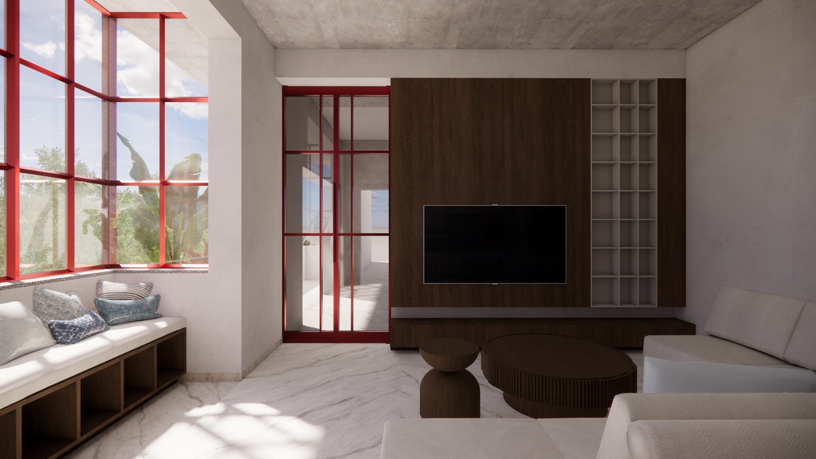 3D visualisation of a living room with a concrete ceiling: red-framed corner windows over a built-in window seat with cushions, a red-framed glass door, a dark wood TV wall with open shelving, a round wooden coffee table and white sofas on a white marble floor.