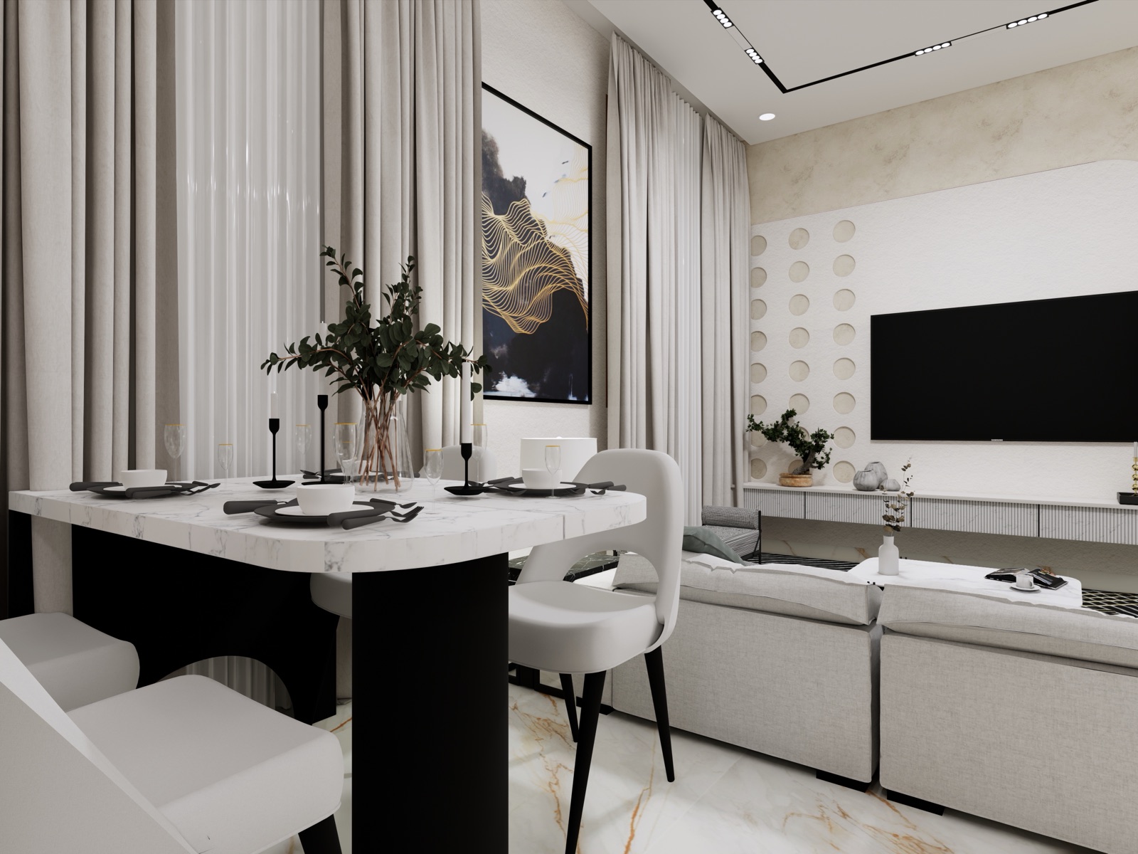 Design render of a compact living and dining room in white and grey: a white marble-topped dining table with black legs and white chairs in the foreground, an L-shaped grey sofa and a wall-mounted TV on a panel with circular cut-outs beyond, full-height cream curtains and track lights in the ceiling