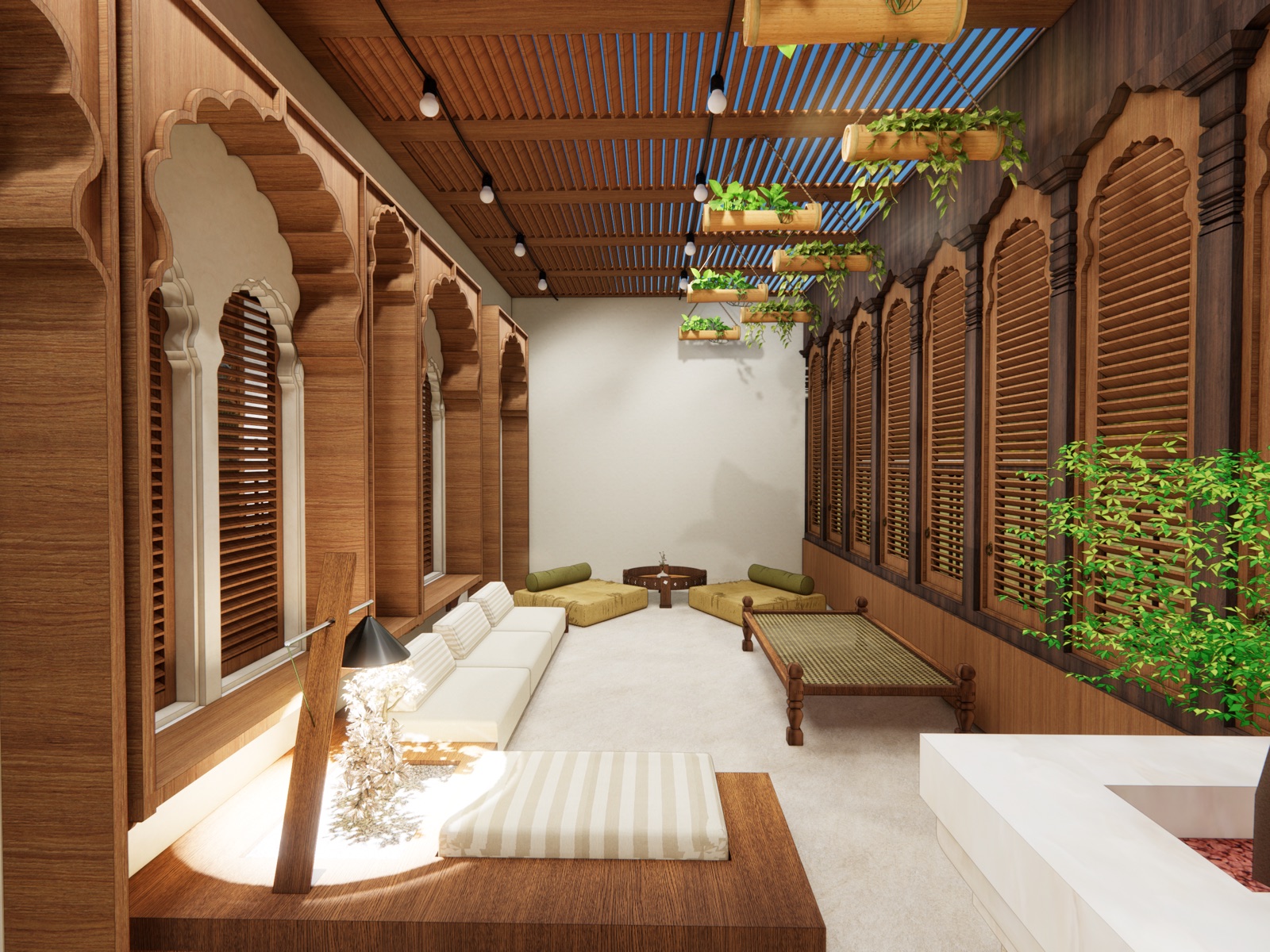 Design render of a long sitting room with low floor seating: a raised wooden platform with a striped mattress, white floor cushions along one wall, two olive floor cushions with bolsters around a low round table, a woven charpai, cusped arches and louvred wooden shutters