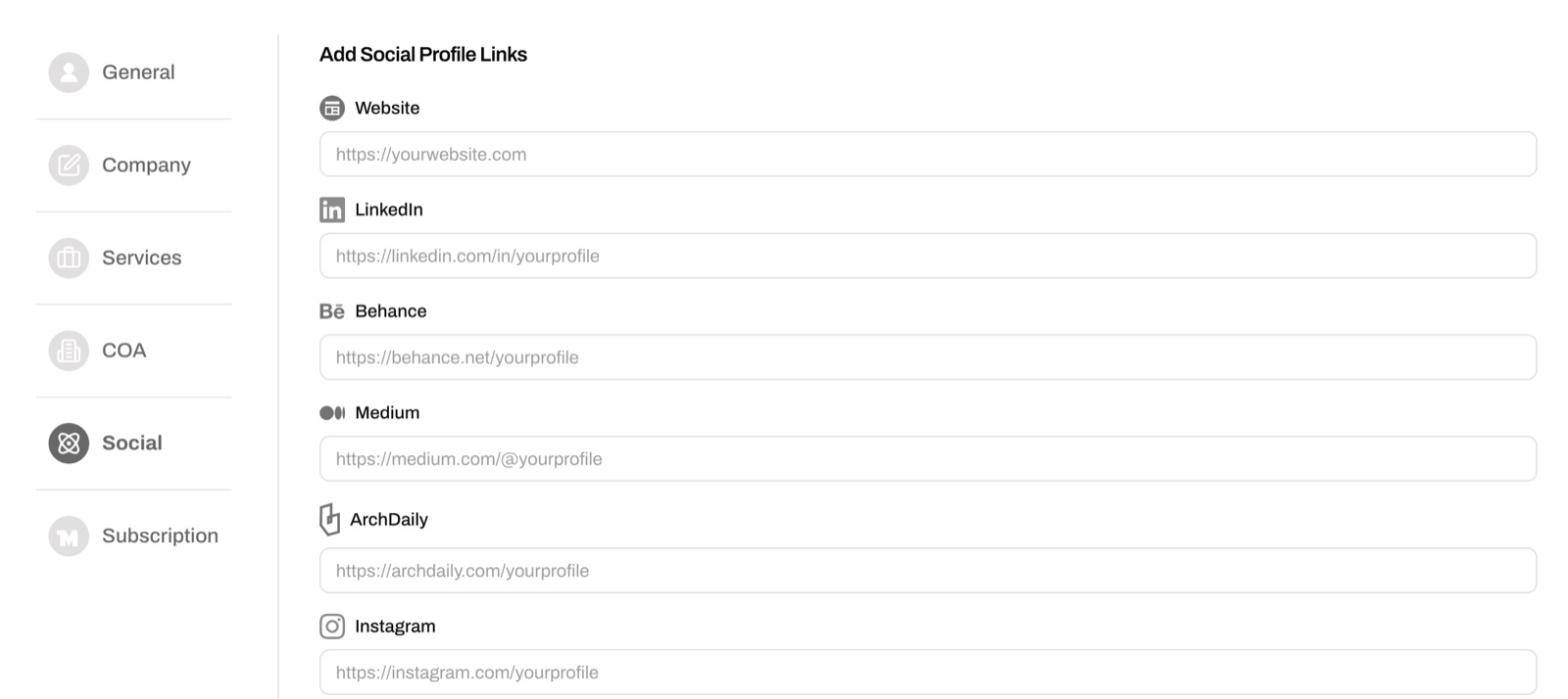 Screenshot of About > Social on an MOA profile: a menu of General, Company, Services, COA, Social and Subscription on the left, and on the right the heading Add Social Profile Links with empty fields for Website, LinkedIn, Behance, Medium, ArchDaily and Instagram.