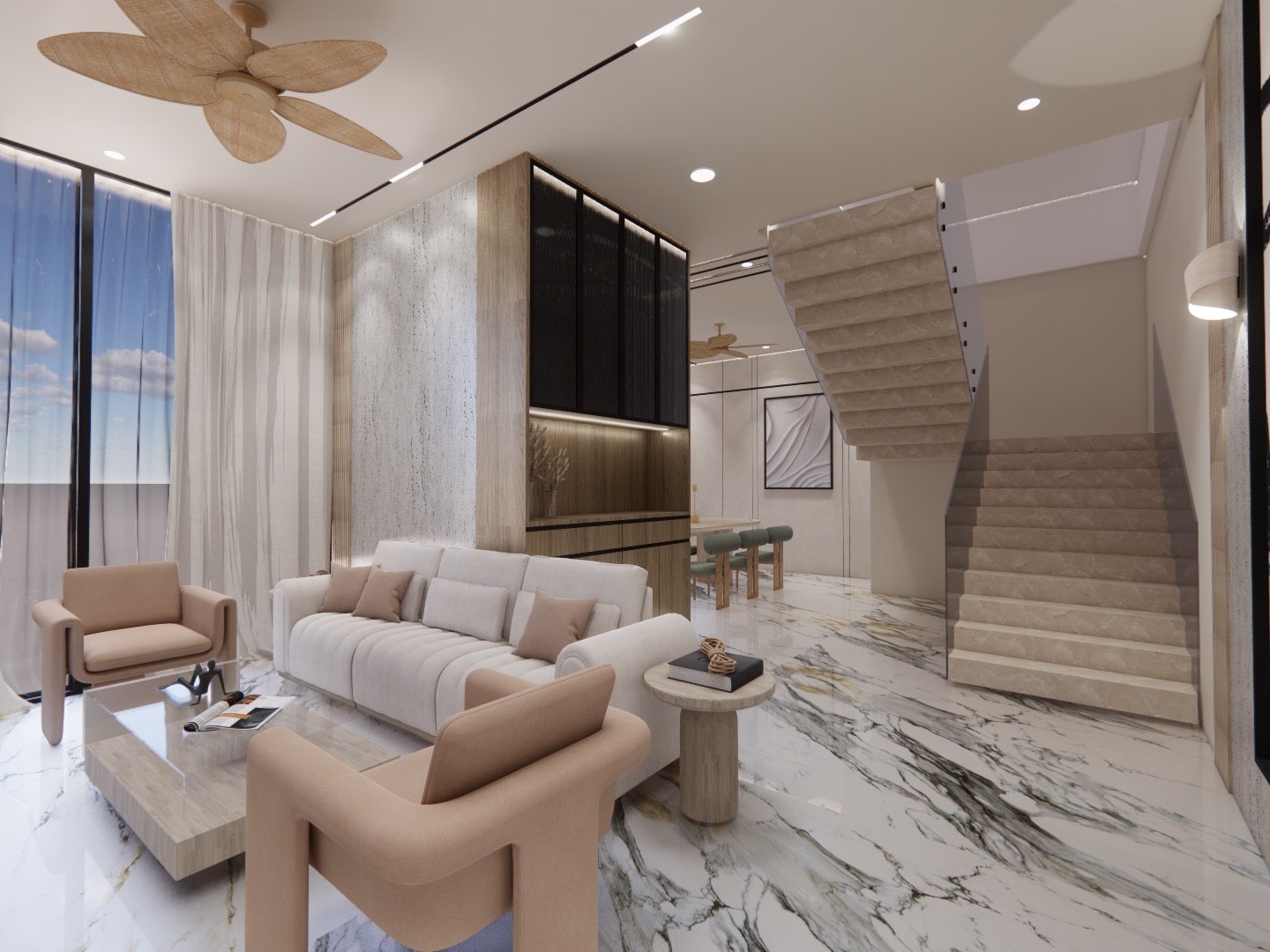 Design render of a living room with a white marble floor, a cream sofa and two blush armchairs around a low coffee table, sheer curtains at a full-height window, a timber and dark glass cabinet, and a beige stone stair rising beside the dining area