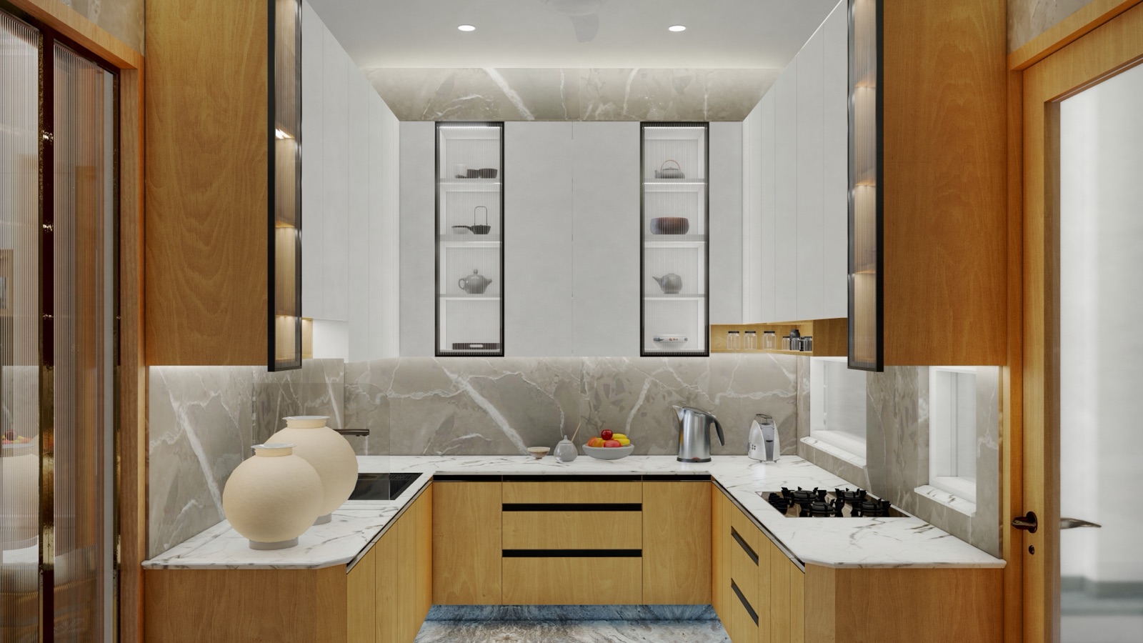 Design render of a U-shaped modular kitchen with warm wood-finish base cabinets, white upper shutters with two lit glass-fronted units, grey marble-look backsplash and a white stone counter. The sink sits on the left arm and a four-burner hob on the right arm, with a small window above the hob side.