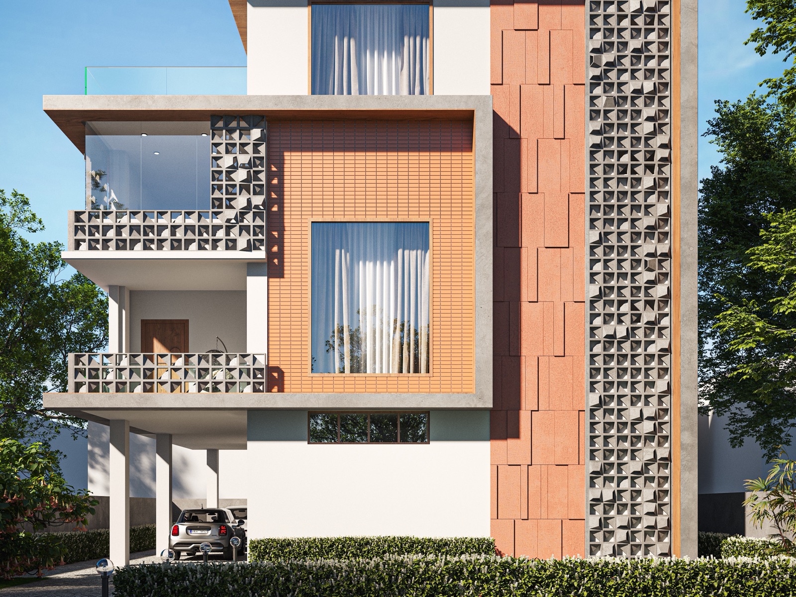 Design render of a Vijayawada house front: grey jaali blocks with a faceted pattern form the balcony parapets and a full-height vertical strip, set against terracotta cladding, white walls and large curtained windows in deep grey frames