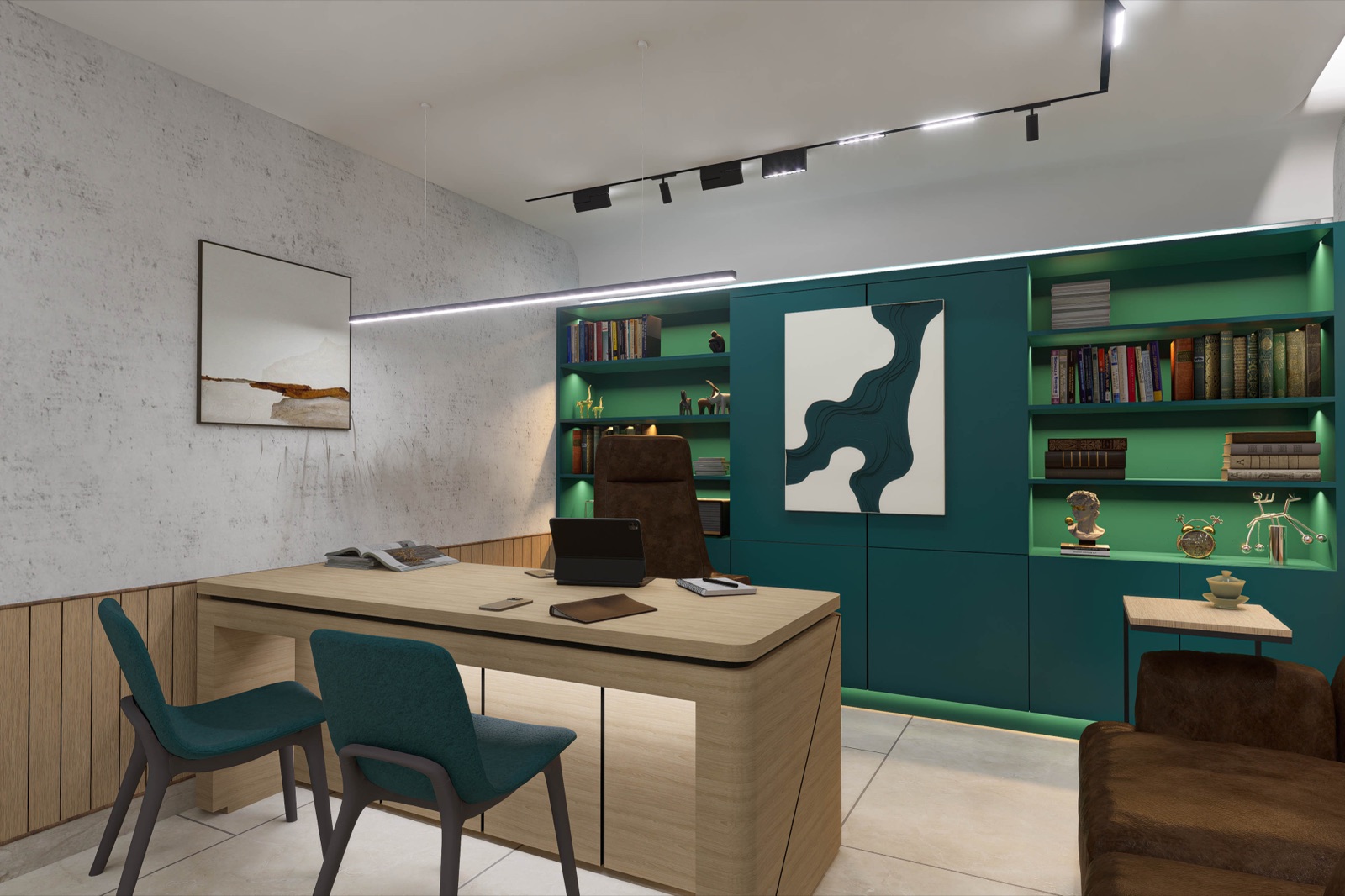 Design render of an office cabin with a full wall of deep teal joinery and open shelves lined in bright green, a light oak desk, two teal chairs, a grey concrete-look wall with an oak dado and black track lights