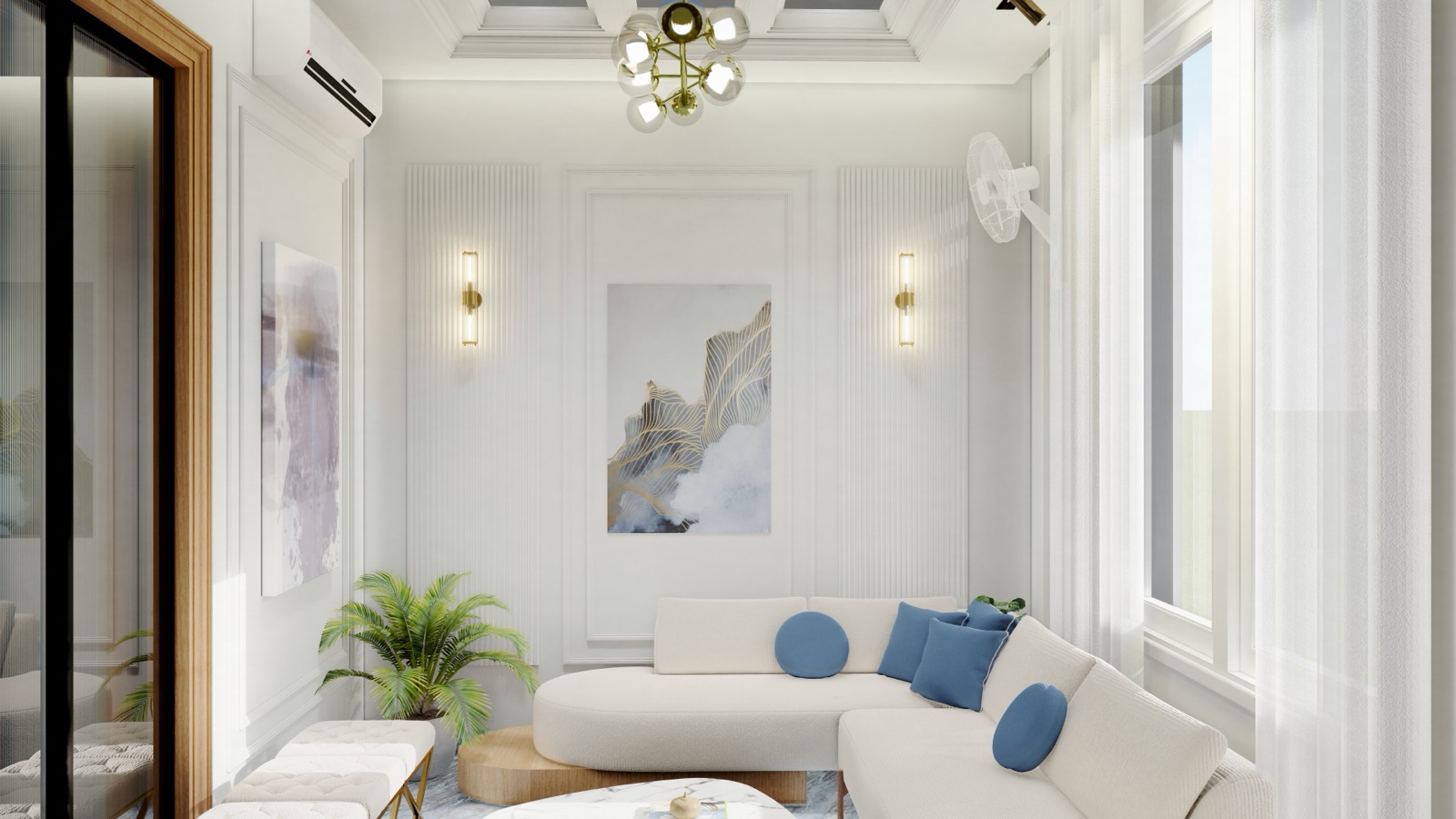 Design render of a compact drawing room with a white curved sectional sofa and blue cushions, panelled white walls with fluted strips and brass wall lights, a wall-mounted fan beside sheer-curtained windows and an air conditioner above