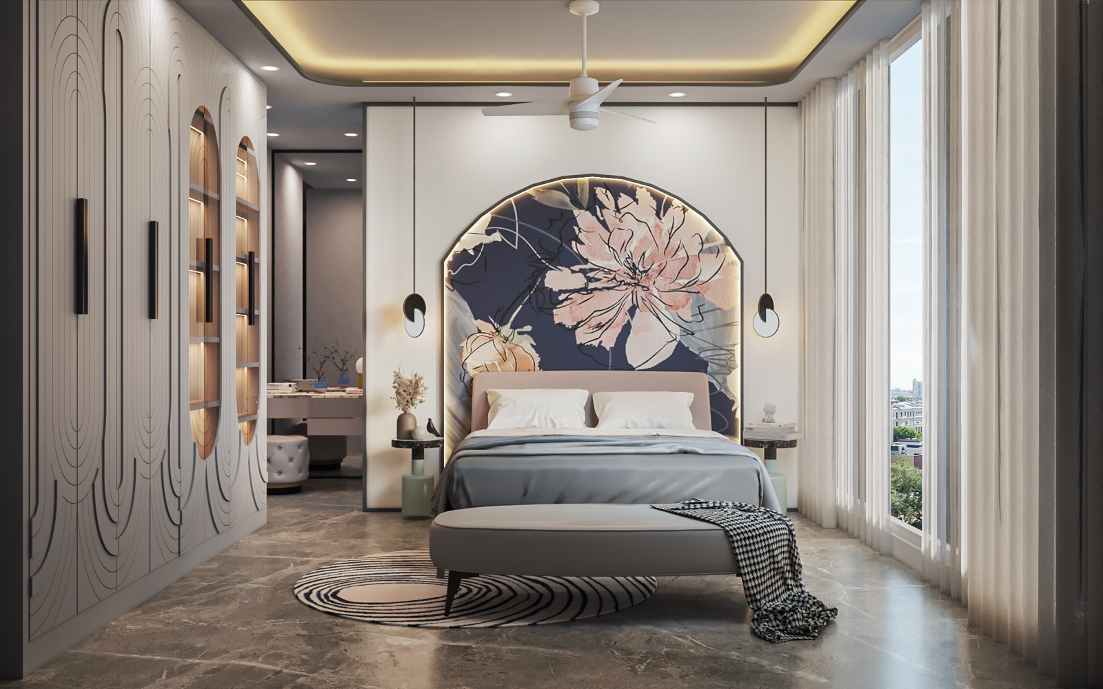 Computer-generated bedroom interior with a pale pink bed in front of a backlit arched headboard panel printed with large flowers, carved arch-pattern wardrobe doors on the left, sheer curtains on a full-height window on the right and a grey marble floor