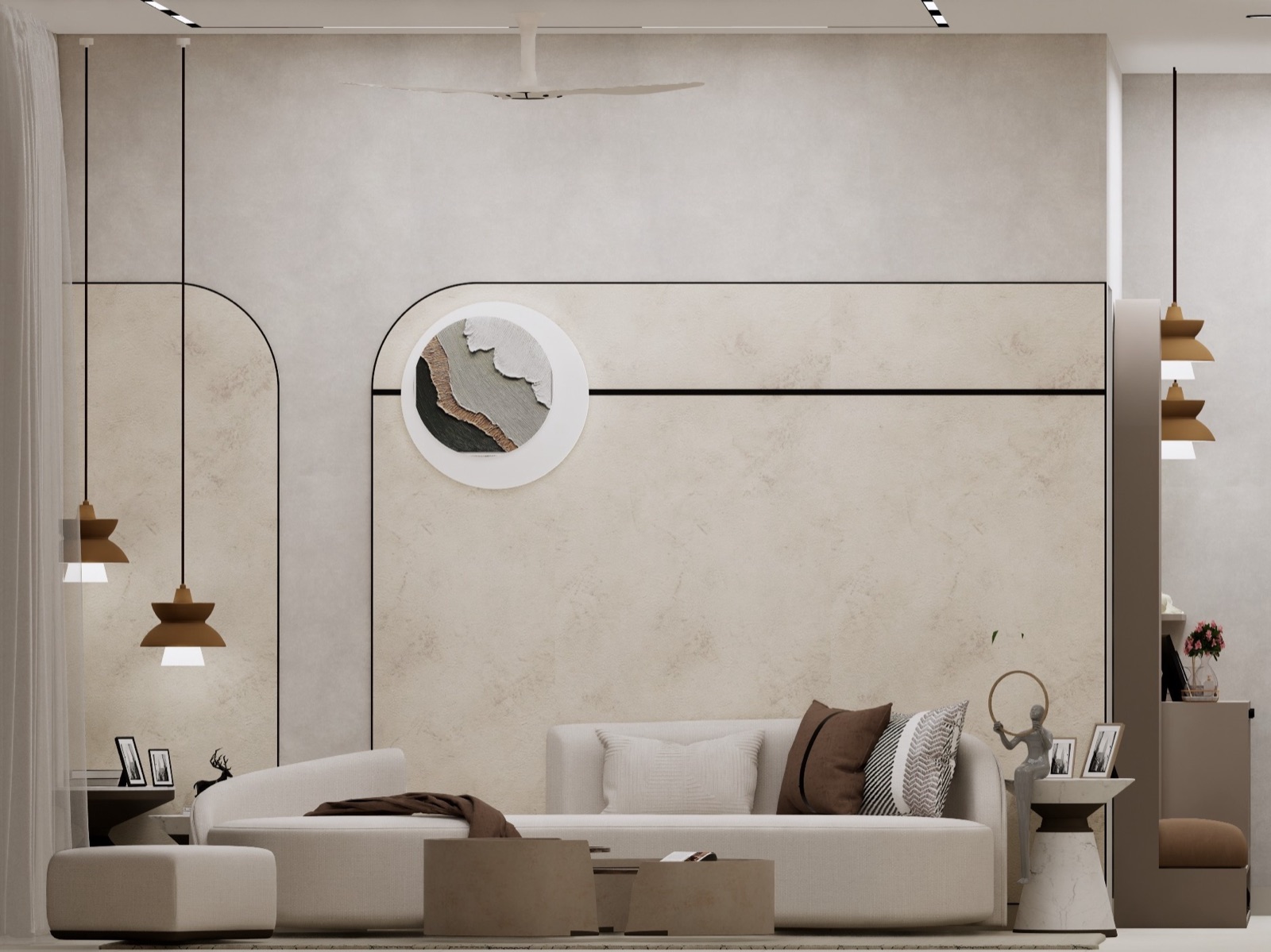 Living room with a long curved off-white sofa, arched wall mouldings traced in thin black lines over a soft textured plaster finish, a round wall artwork and tan pendant lamps