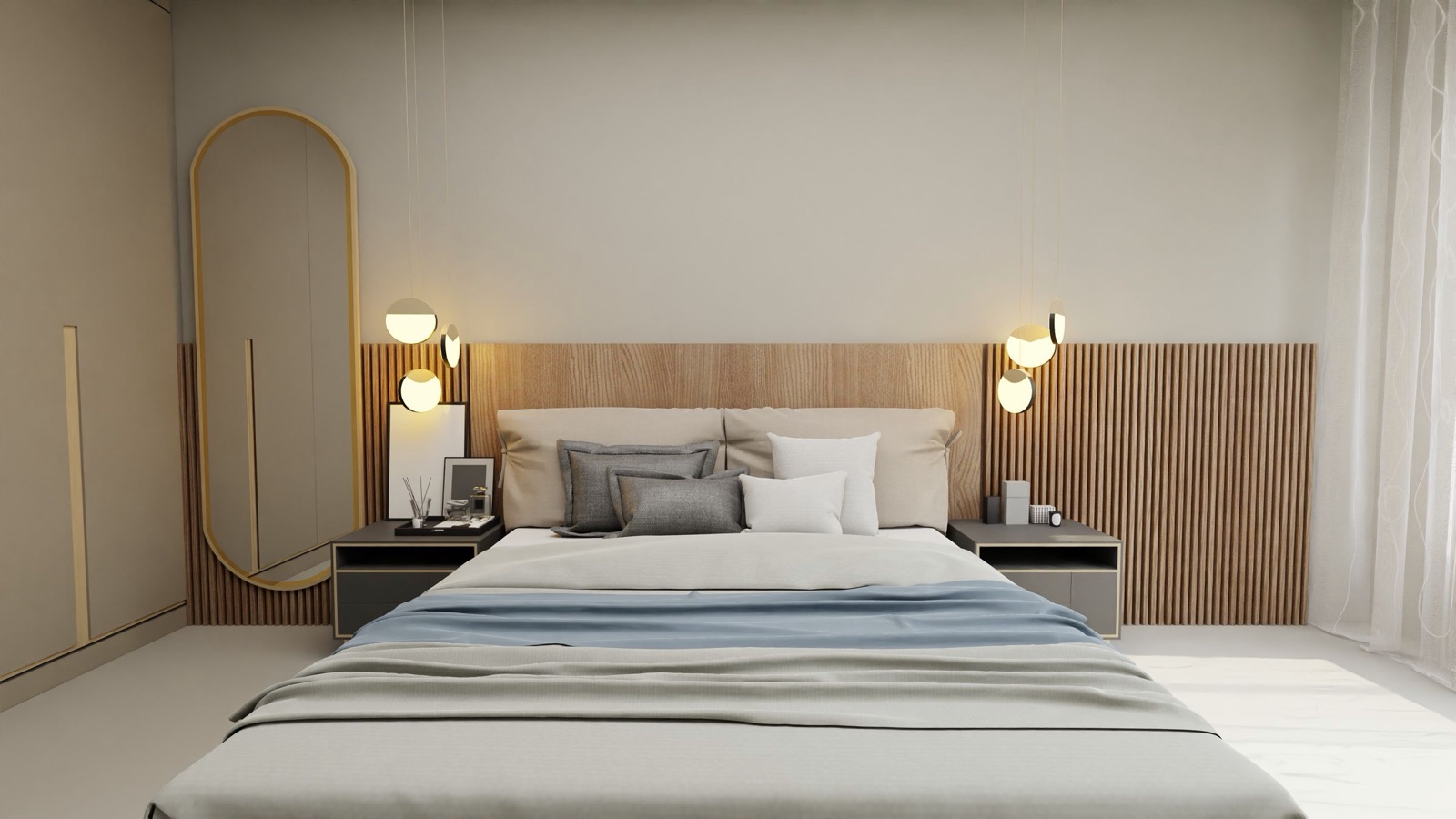 Bedroom design render with a half-height wall panel behind the bed: a flat wood-grain section behind the upholstered headboard and narrow vertical wood fluting either side, gold globe pendant lights, dark bedside tables and a tall arched mirror on the left.