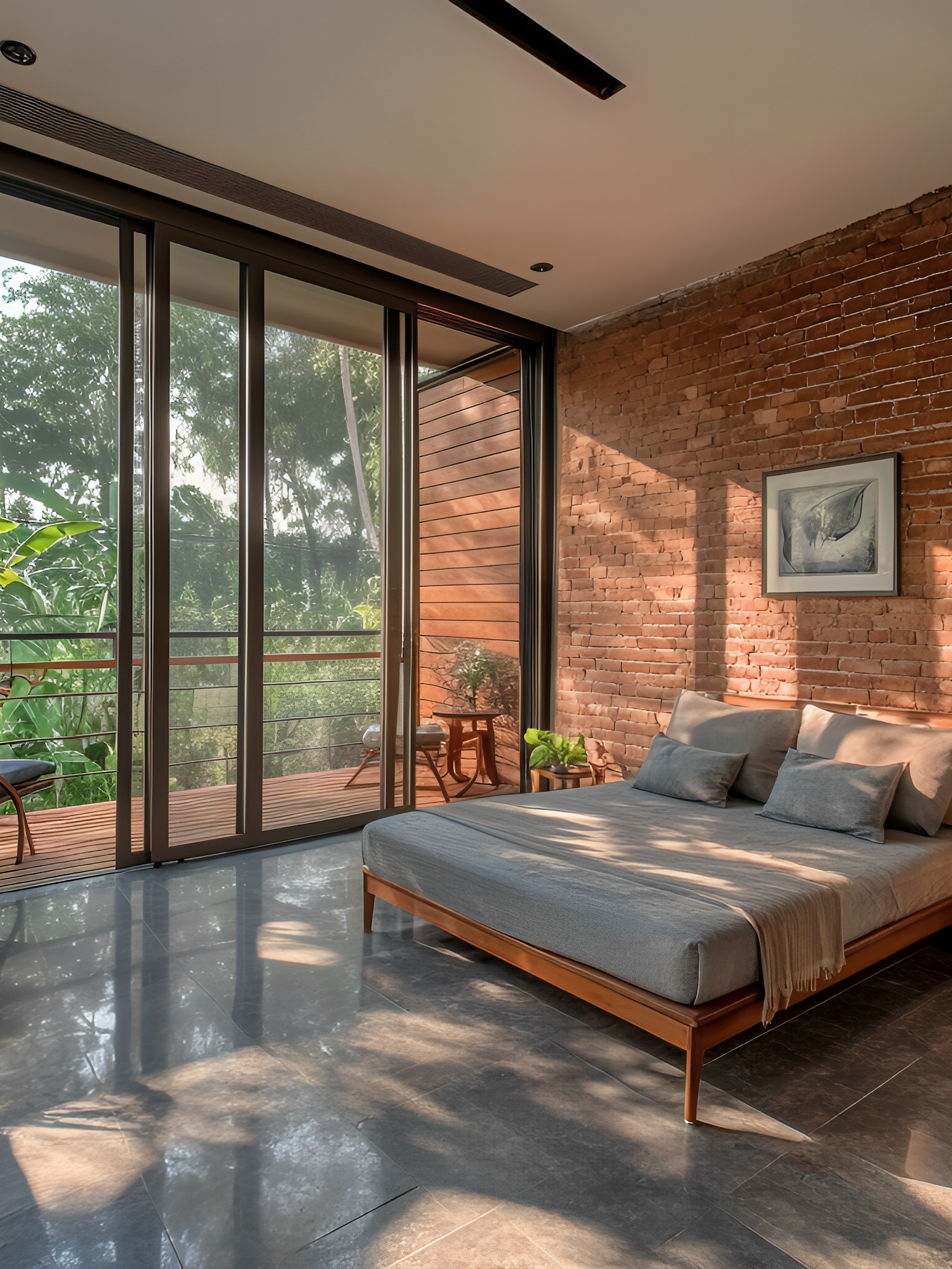 A bedroom with one wall of exposed red brick laid in regular courses, a polished dark stone floor, a low timber bed and full-height sliding glass doors opening onto a timber deck and dense tropical trees.