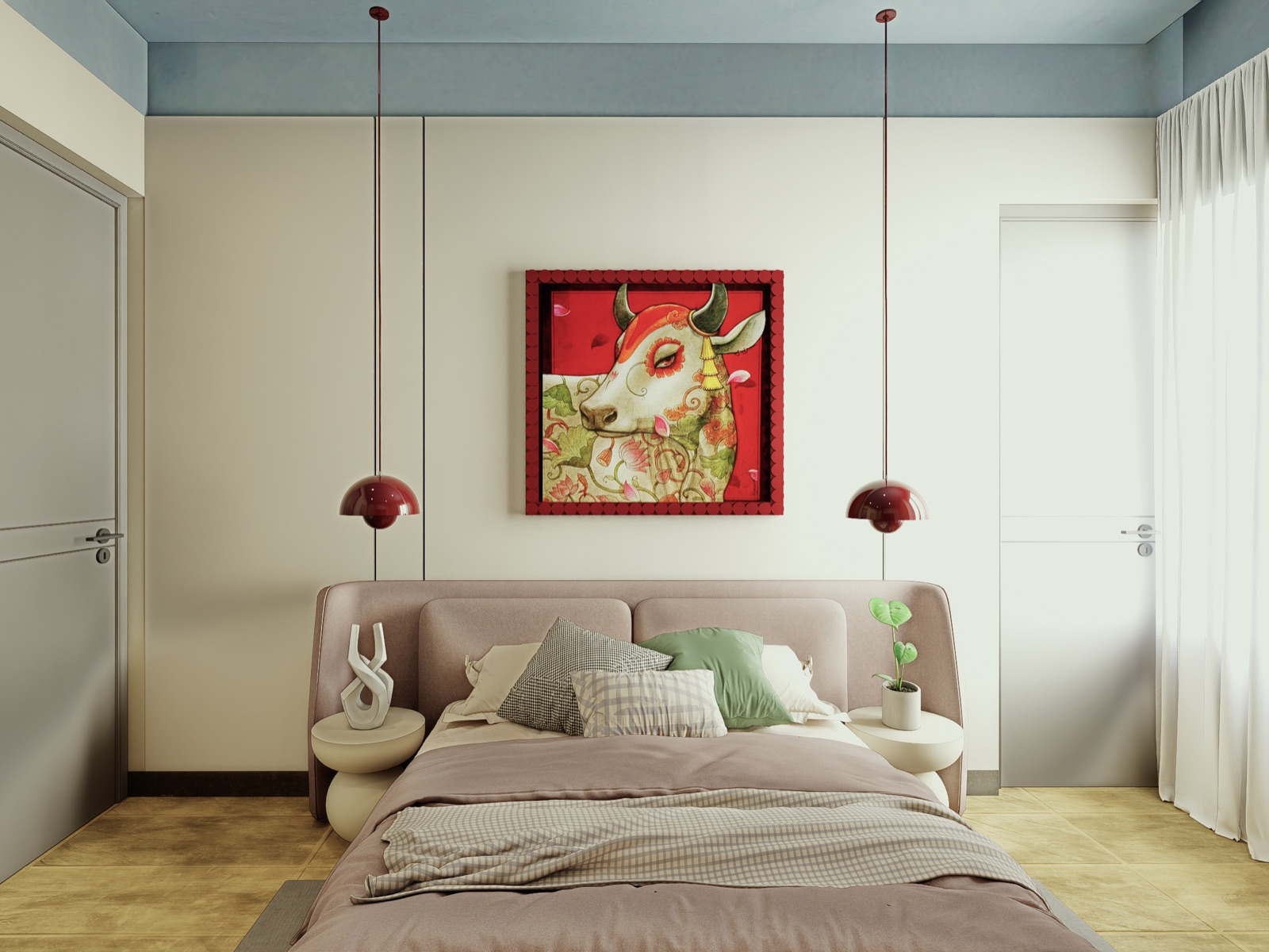Bedroom with an upholstered blush headboard with rounded corners, round side tables, two deep red dome pendant lamps, a framed painting of a decorated cow in red and green above the bed, and a pale blue band of colour where the wall meets the ceiling