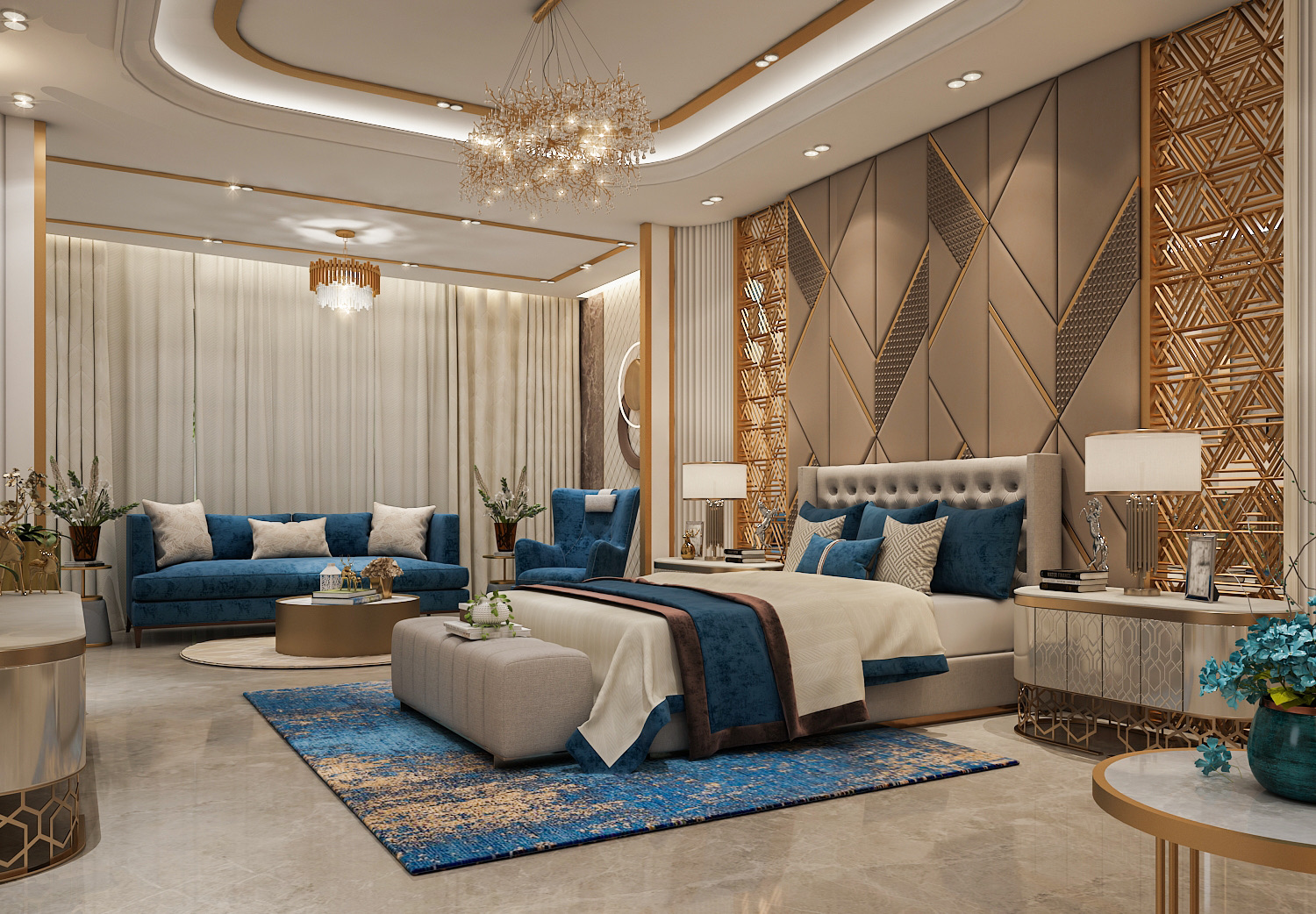 Design render of a large master bedroom with a padded beige headboard wall framed by gold-toned lattice screens, a bed with blue velvet cushions, a blue rug, a sitting area with a blue sofa and armchair, a crystal chandelier and a lit coved ceiling