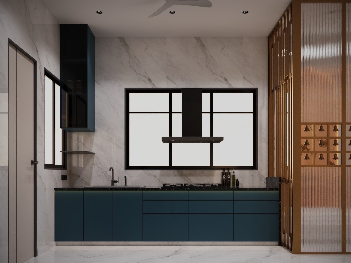 Design render of a kitchen with matte petrol-blue base cabinets, a black granite counter, white marble on the walls, a black chimney hood in front of a wide window, and a brass slatted screen with rows of small bells enclosing the pooja space on the right