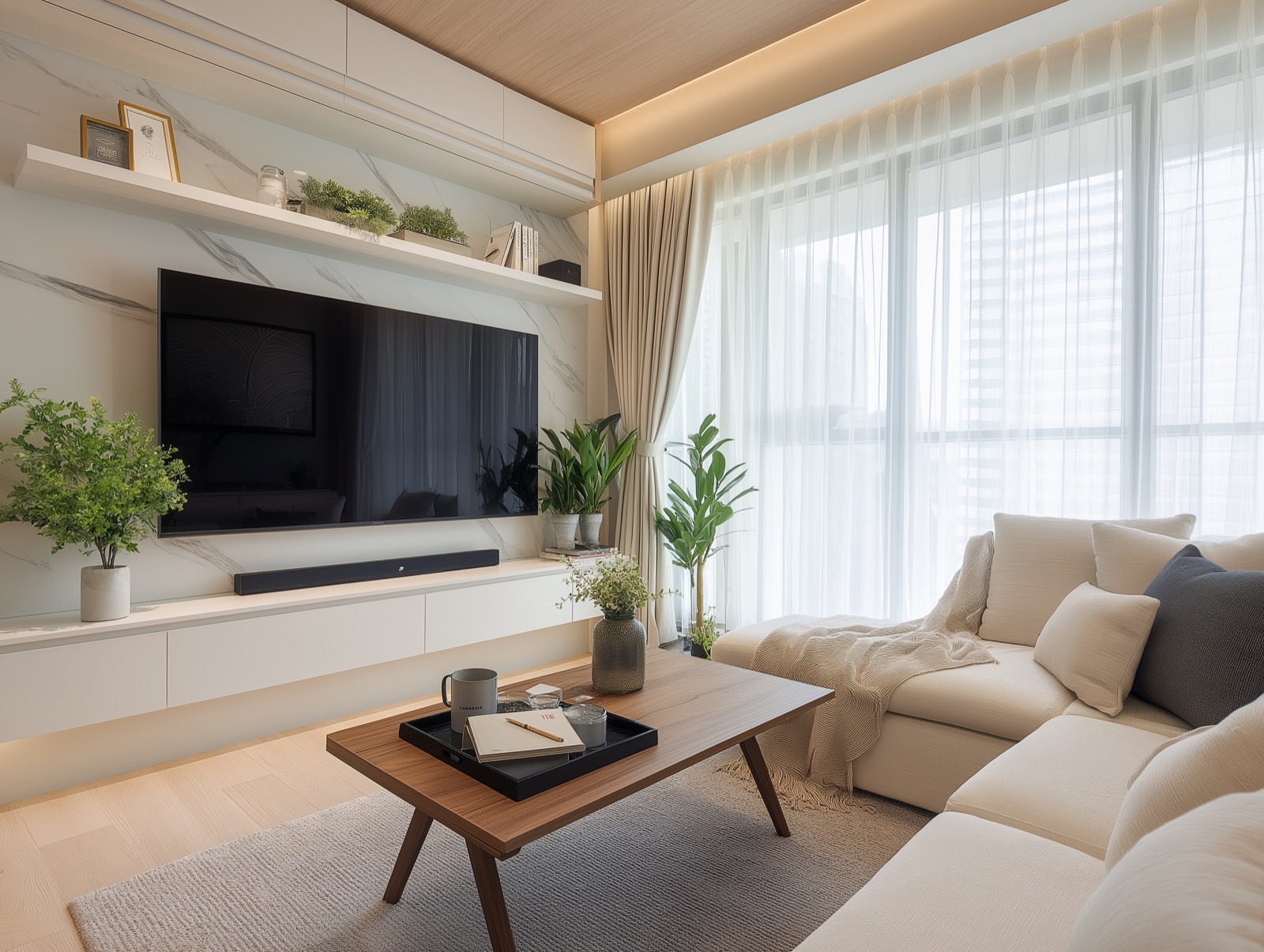 Living room with a wall-mounted TV on a white marble-look wall, a long low white floating console with a soundbar, a white floating shelf above the TV, plants, a wooden coffee table and a cream sectional sofa beside sheer curtains