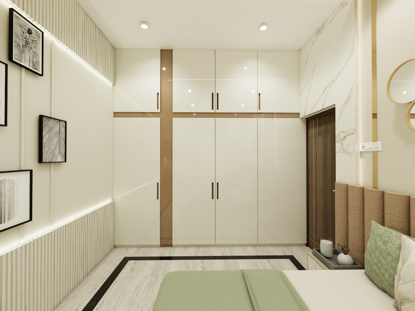Design render of a bedroom wall filled by a full-height wardrobe in high-gloss off-white with a row of loft shutters above, slim dark pull handles and a vertical wood-finish strip, next to a dark wooden room door. A bed with a sage green cover is in the foreground.