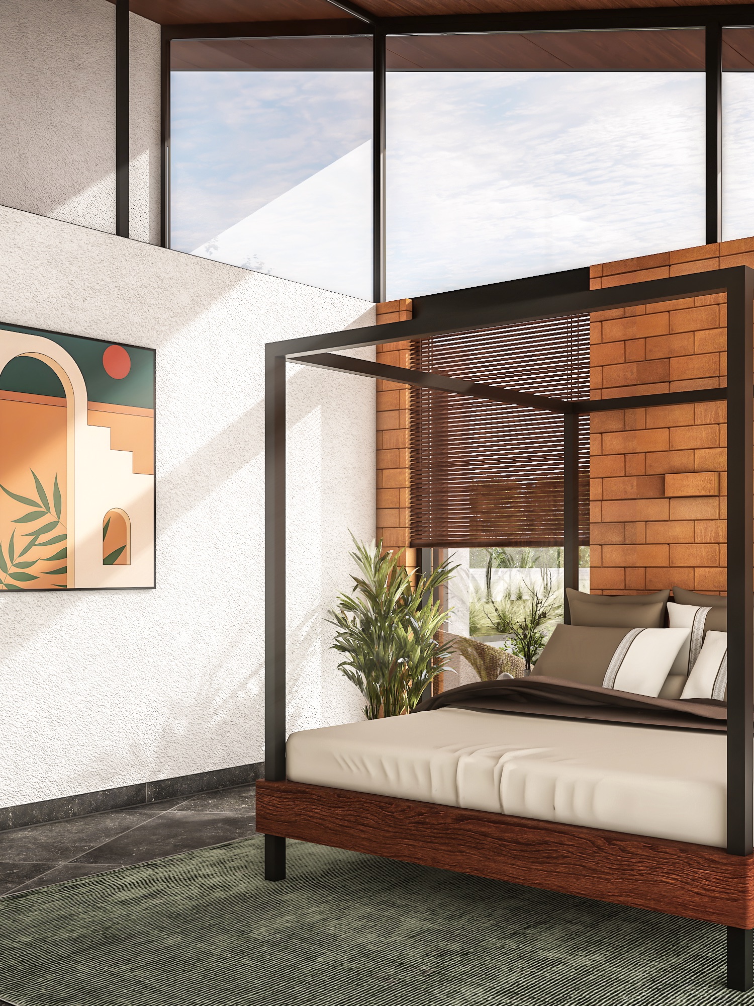 A four-poster bed with a slim black metal frame on a dark timber base, beige bedding and cushions, set against a textured white wall and a brick-clad wall with a timber blind, high clerestory windows and a green rug