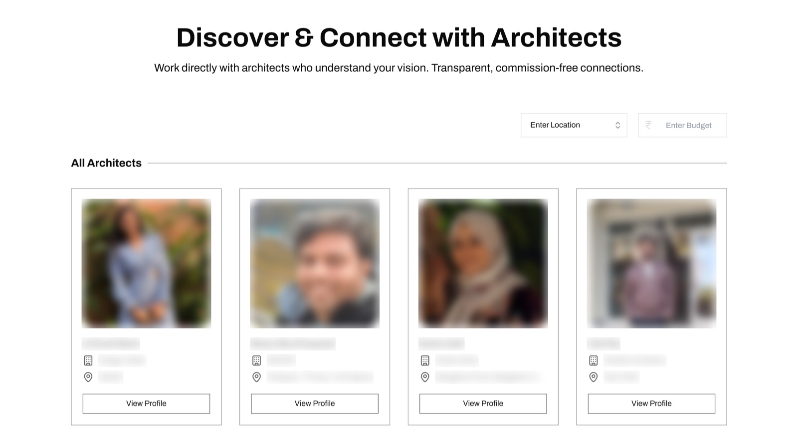 Screenshot of the MOA Architects directory. The heading reads Discover and Connect with Architects, with the line Work directly with architects who understand your vision. Transparent, commission-free connections. Two boxes, Enter Location and Enter Budget, sit above a row of architect cards under All Architects; each card has a photo, name, studio, cities and a View Profile button, with the members' details blurred.