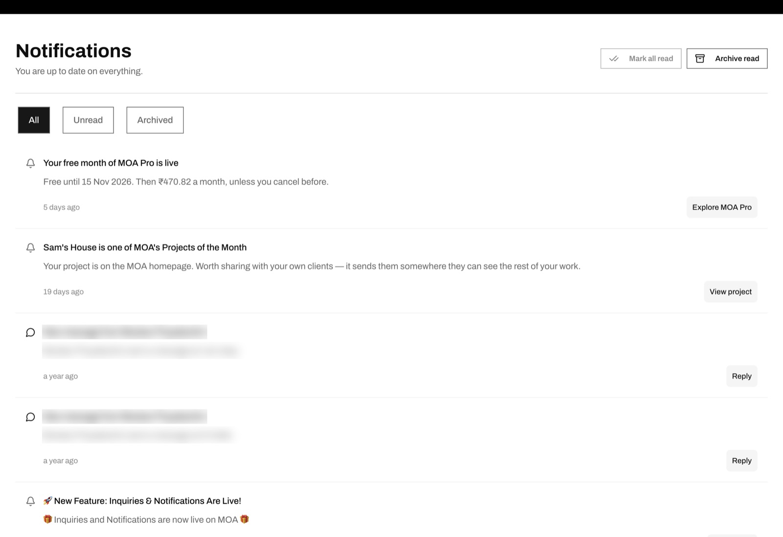 Screenshot of the MOA Notifications page with All, Unread and Archived tabs and Mark all read and Archive read buttons. The list shows a notice that a free month of MOA Pro is live, a notice that a project is featured on the MOA homepage, two new-message notices with blurred text and a Reply button each, and a notice that Inquiries and Notifications are live.