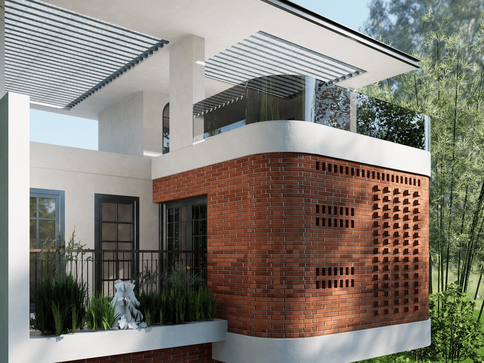 Closer design render of the upper floors of a house: a curved volume in exposed red brick with bands of recessed bricks and a grid of projecting bricks, a white rendered slab edge wrapping round it, a roof terrace with a glass railing under metal louvres, and a balcony with grasses in a planter beside black-framed glazed doors