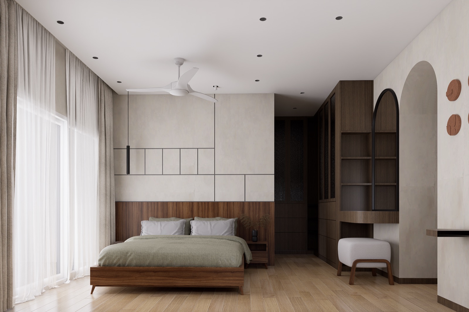 Bedroom design render with a pale grey concrete-look wall above a walnut headboard panel, divided by thin dark inlaid lines, a matching arched niche on the right, sheer curtains and a wood floor
