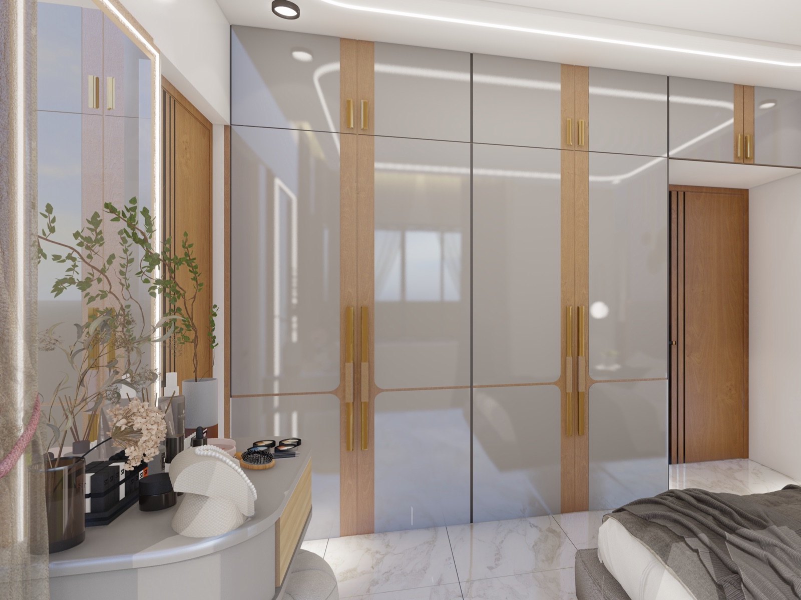 Design render of a bedroom in a Pune apartment with a full-height wardrobe in pale grey high-gloss shutters with wood-trimmed edges and brass handles, loft cabinets above, a cove-lit false ceiling, a white marble-look floor and a curved dressing table in the foreground