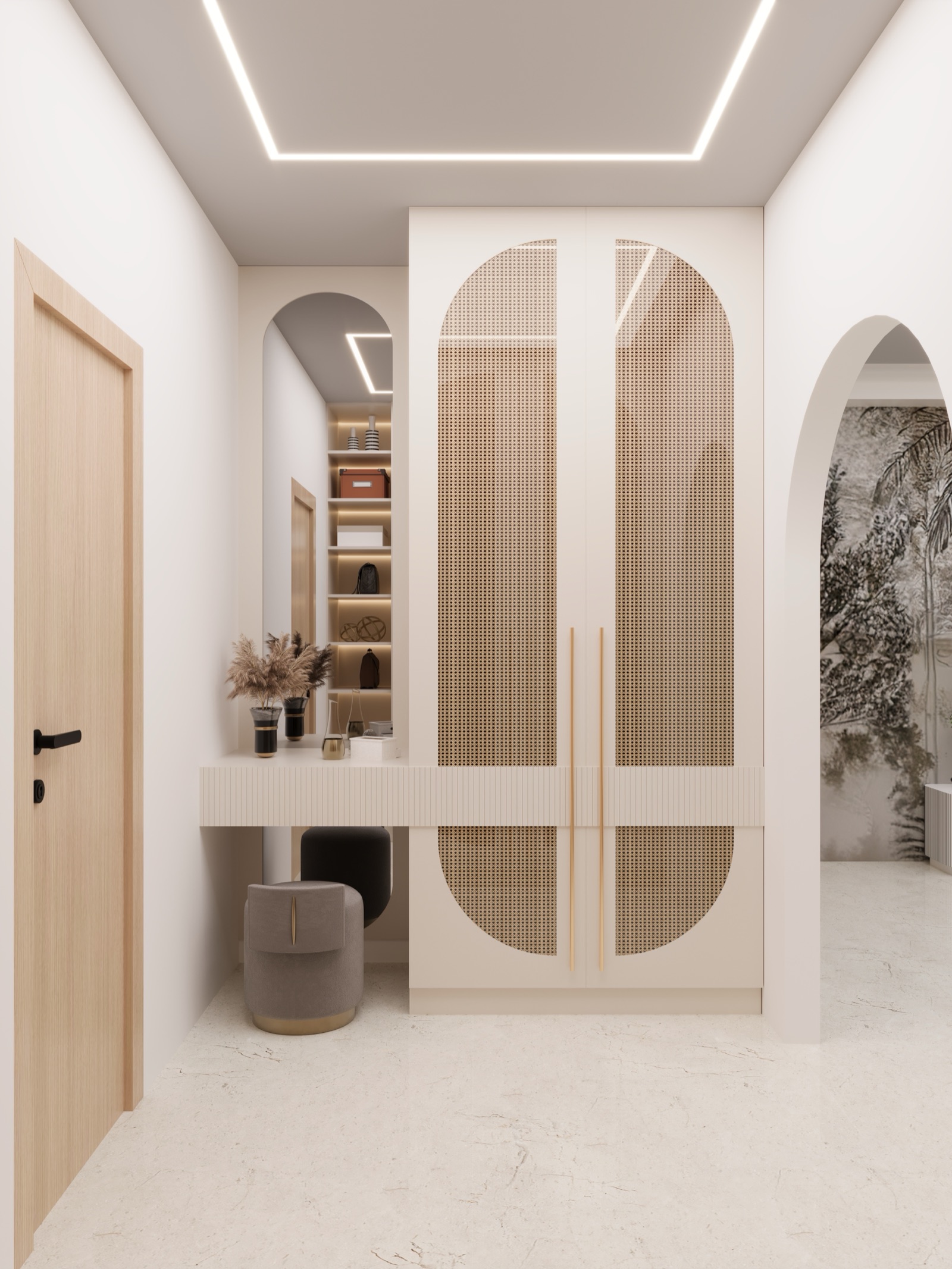 Design render of a two-door wardrobe in a white frame with arched cane panels and long brass handles. A fluted dressing ledge runs across its front and into a side niche with a mirror and lit shelves, with a grey stool below.
