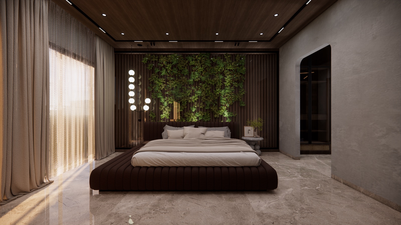 Design render of a bedroom with a low, channel-tufted dark brown platform bed centred on a fluted timber wall hung with trailing green foliage, a column of globe lights to one side, a timber-panelled ceiling with recessed lights, sheer curtains filtering sunlight on the left, a grey plaster wall with an arched opening on the right and a polished stone floor