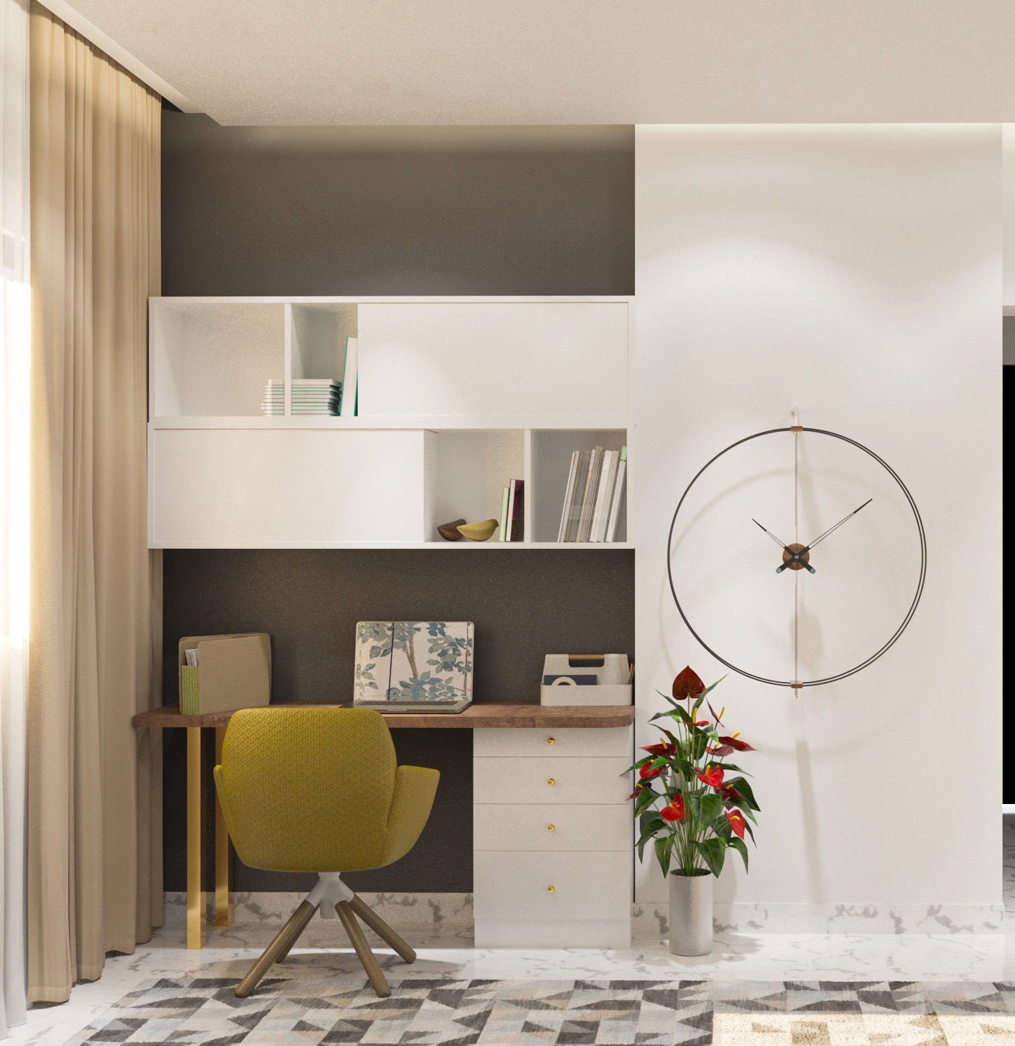 A compact study nook with a wooden desktop, white drawer unit and open white shelves set into a dark wall, a mustard swivel chair, a large minimalist wall clock and a potted anthurium, with sheer curtains and daylight to the left.