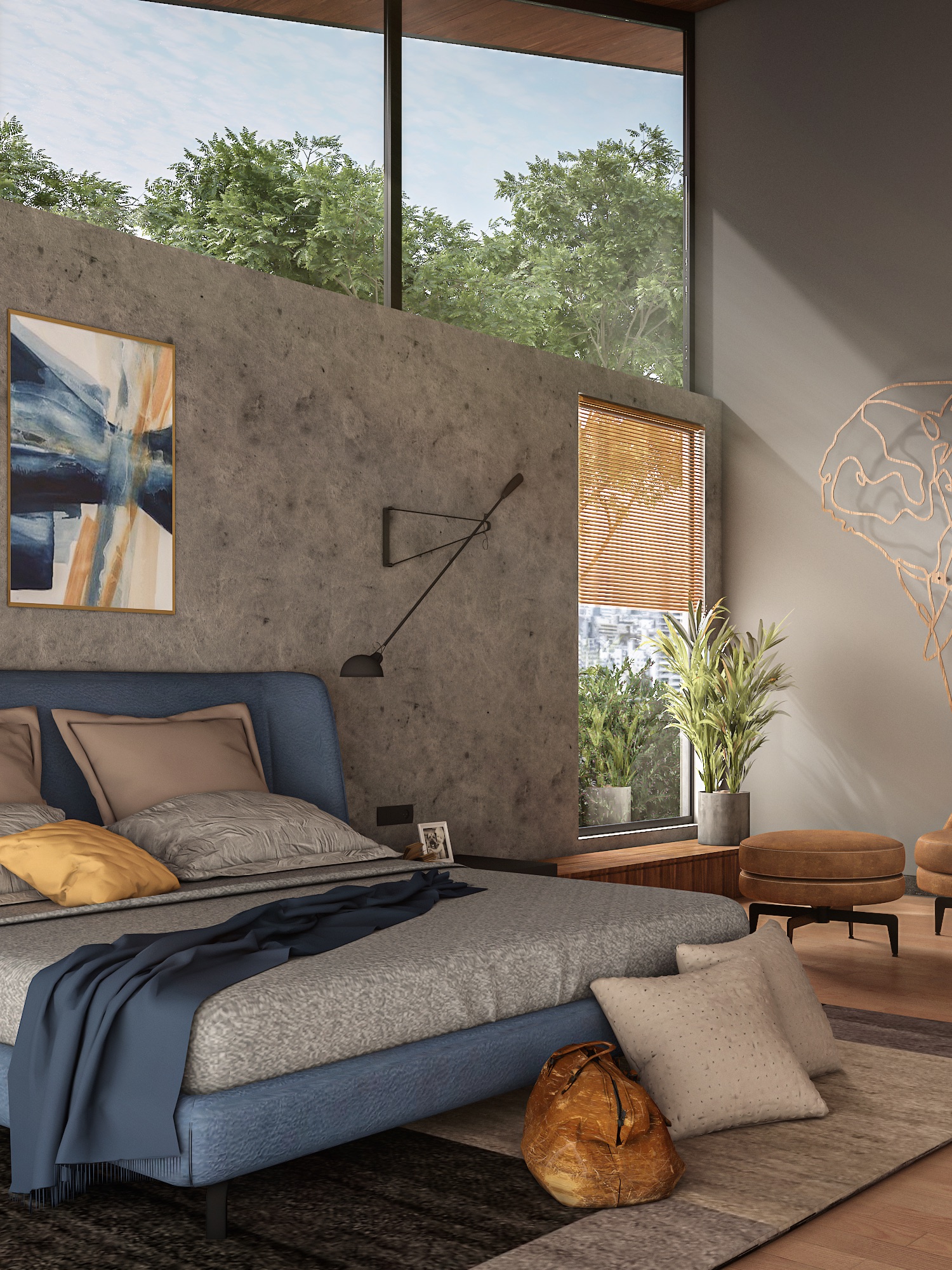 Double-height bedroom with a raw, textured concrete-finish wall behind a blue upholstered bed, tall glazing above showing trees, a bamboo blind, wooden flooring, a tan leather pouffe and potted plants