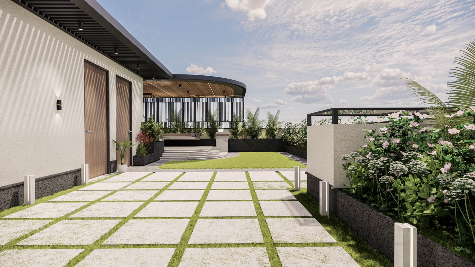 Design render of a roof terrace with large pale paving slabs set in grass strips, raised planters with flowering shrubs along a parapet, and a shaded seating pavilion at the far end.