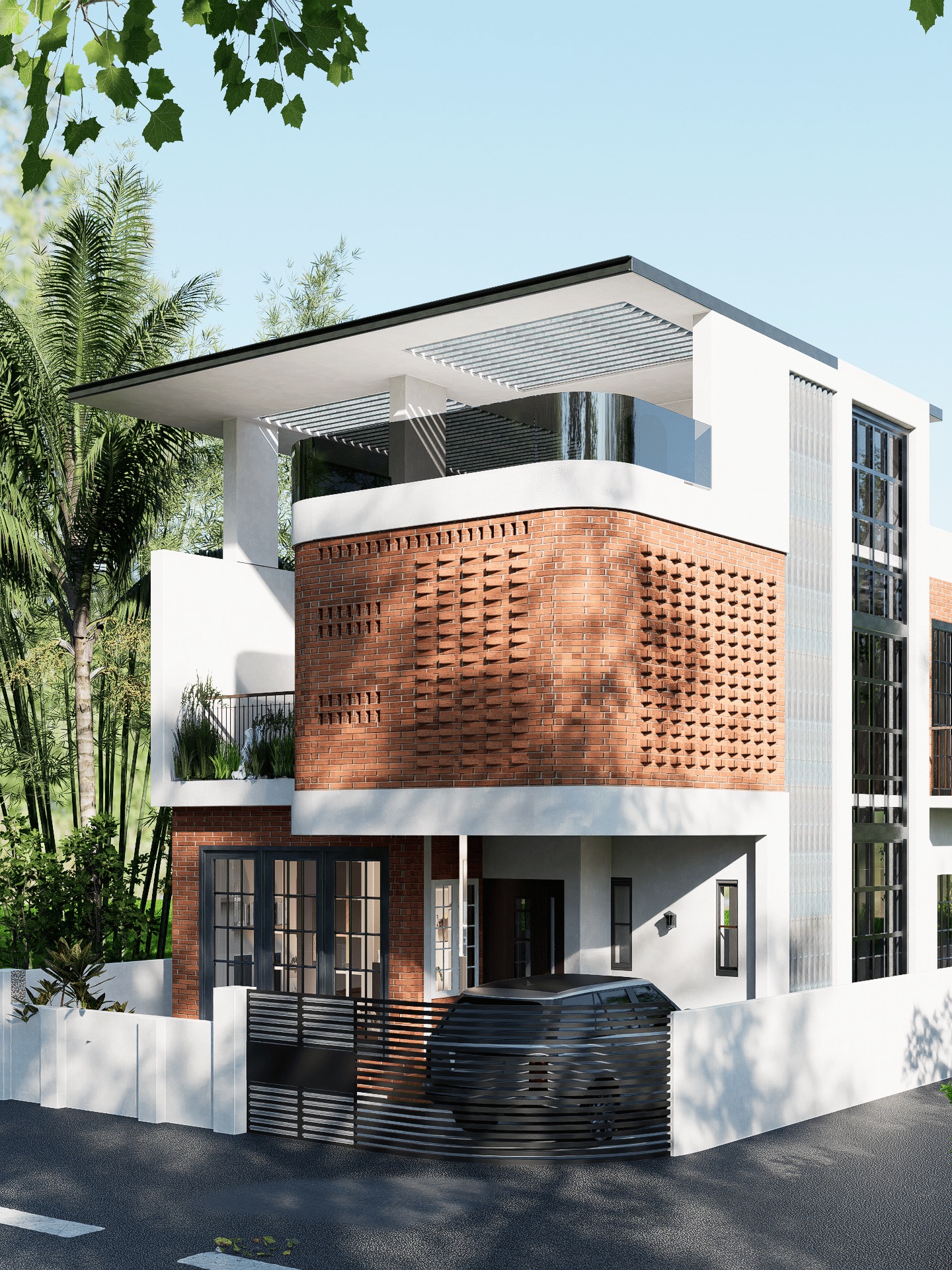 Design render of a three-storey house with a curved upper volume clad in exposed red brick laid as a perforated screen, white walls, a cantilevered roof and palm trees