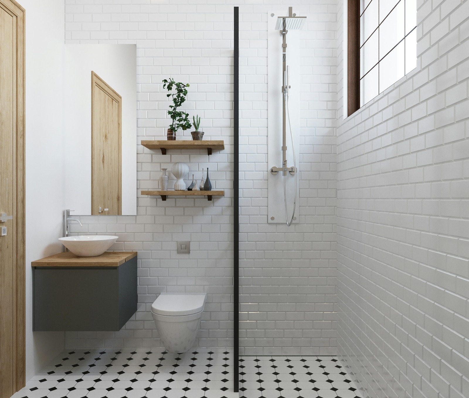 Design render of a narrow bathroom with white metro-tile walls and a black and white octagon floor: a floating grey vanity with a wooden top and a vessel basin, a wall-hung WC with a flush plate above it, a single black-framed glass panel and a slim shower panel beyond it under a high window