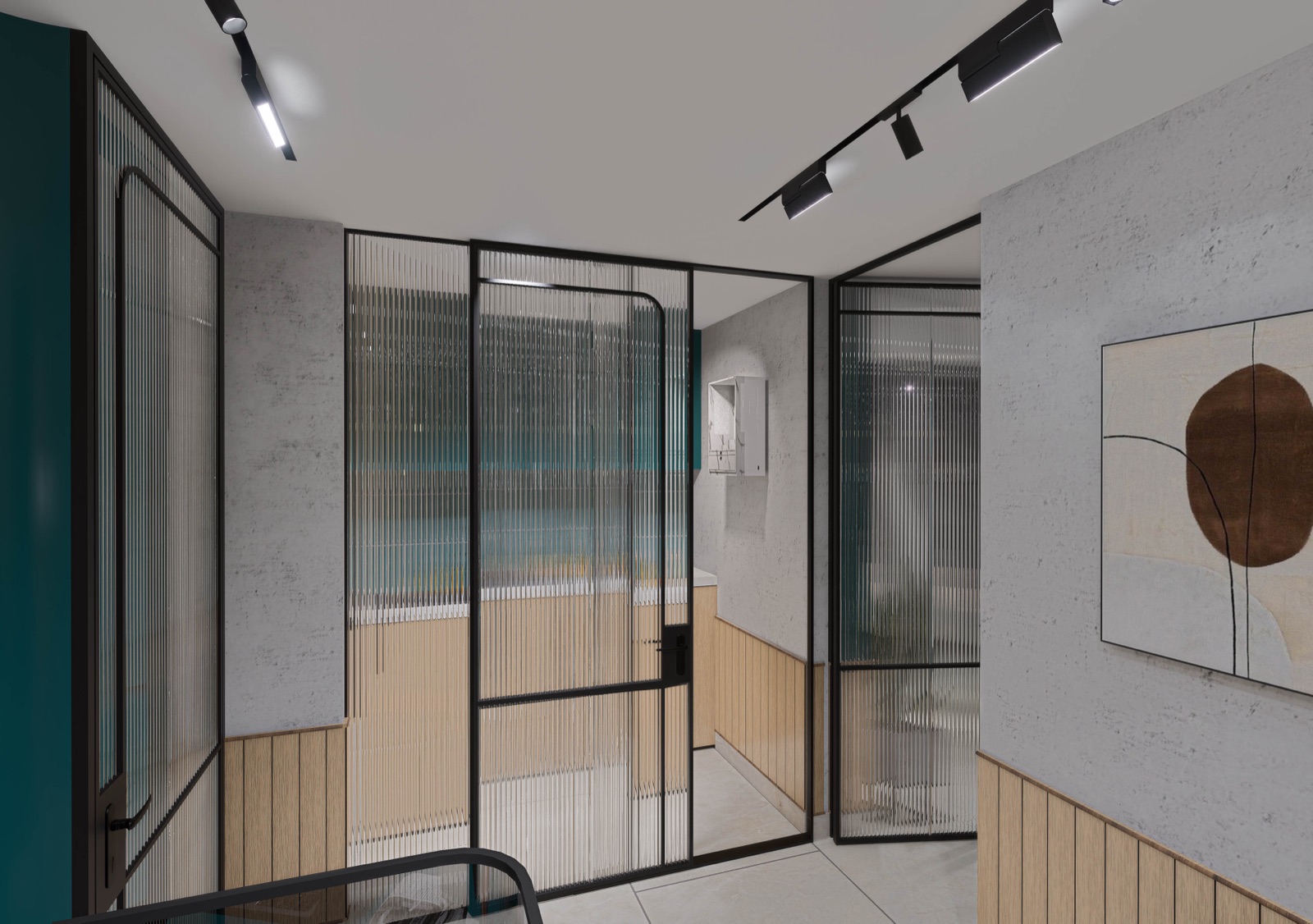 Design render of full-height partitions of vertically reeded glass in thin black metal frames, one with a framed glass door and a black lever handle, set against grey textured walls with light oak wainscot and black track lights on the ceiling