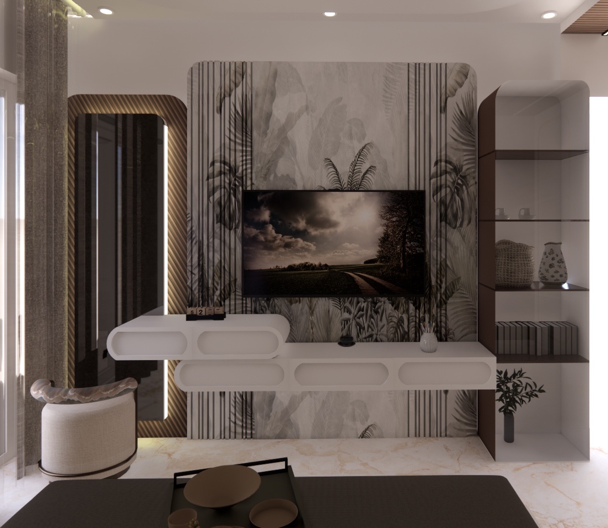 Design render of a TV wall in a Chandigarh flat: a panel with a grey botanical print framed by dark vertical fins, a wall-mounted TV, two white floating consoles with rounded cut-outs, an open shelf unit with glass shelves on the right and a tall mirror edged in fluted wood on the left, on a marble-look floor