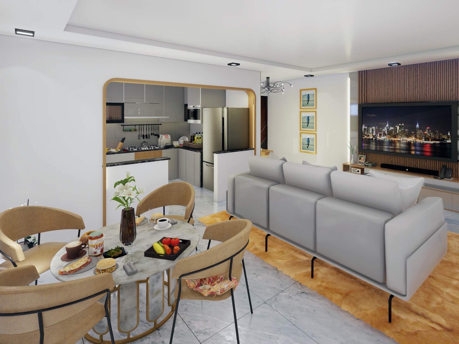 Design render of a compact Pune apartment living and dining area with a grey sofa, round marble dining table, slatted timber TV wall and an open kitchen behind an arched opening