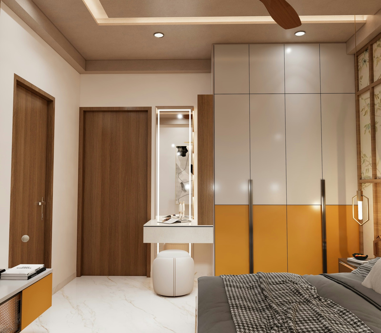 Design render of an Indian bedroom with a four-door wardrobe in white high-gloss upper shutters and mustard lower panels, a narrow dresser niche beside it with a full-length mirror outlined by strip lights, a floating white counter and a round white stool, next to a wood-finish door, under a cove-lit false ceiling with a fan.