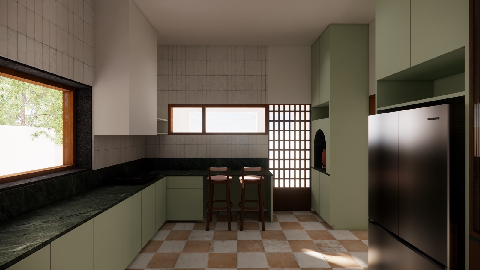 Design render of a renovated kitchen with flat sage green shutters on base and tall units, a dark green veined stone counter running along a window wall, handmade-look vertical white wall tiles, a wooden jaali screen beside a small breakfast counter with two stools, and a terracotta and cream checkerboard floor.