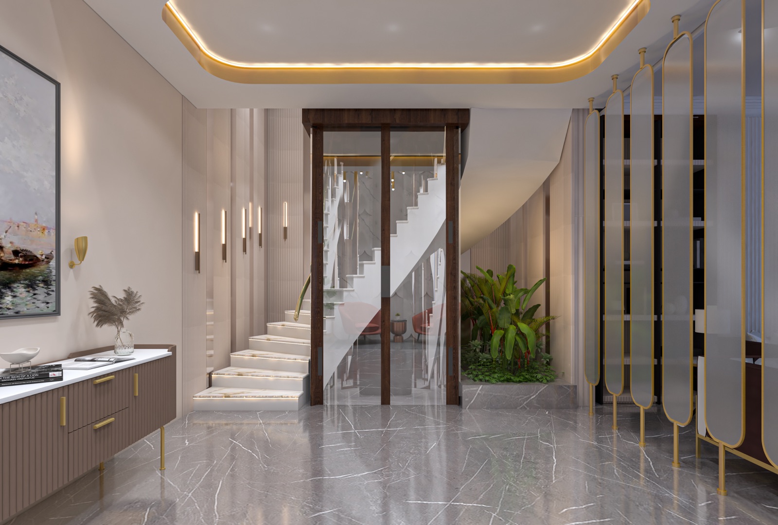 Design render of an apartment foyer: on the right a freestanding screen of tall frosted glass fins with rounded ends, each held in a slim brass frame between floor and ceiling, with shelving visible behind; ahead a staircase behind clear glass sliding doors, a planter of tropical plants, grey marble flooring and a low fluted console on the left