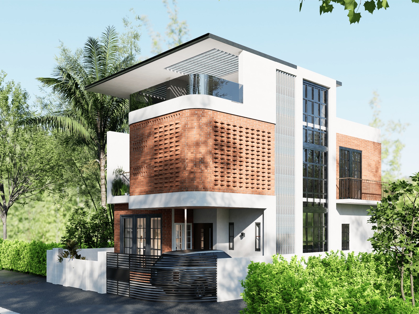 Design render of a three-storey house on a corner plot: a curved upper volume in exposed red brick with a pattern of projecting and recessed bricks, white rendered walls, a tall black-framed glazed stair tower, a roof terrace with a glass railing under a deep flat roof with metal louvres, and a slatted black gate at street level